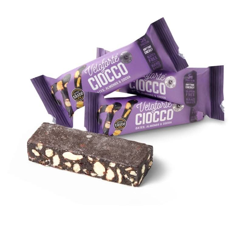 Veloforte Ciocco Energy Bar - Dates, Almonds and Cocoa - 9 count x 62g - 5gr plant protein, 40gr Carbs, Rich in Dual source Carbohydrates, 100% Natural, Vegetarian, Gluten Free