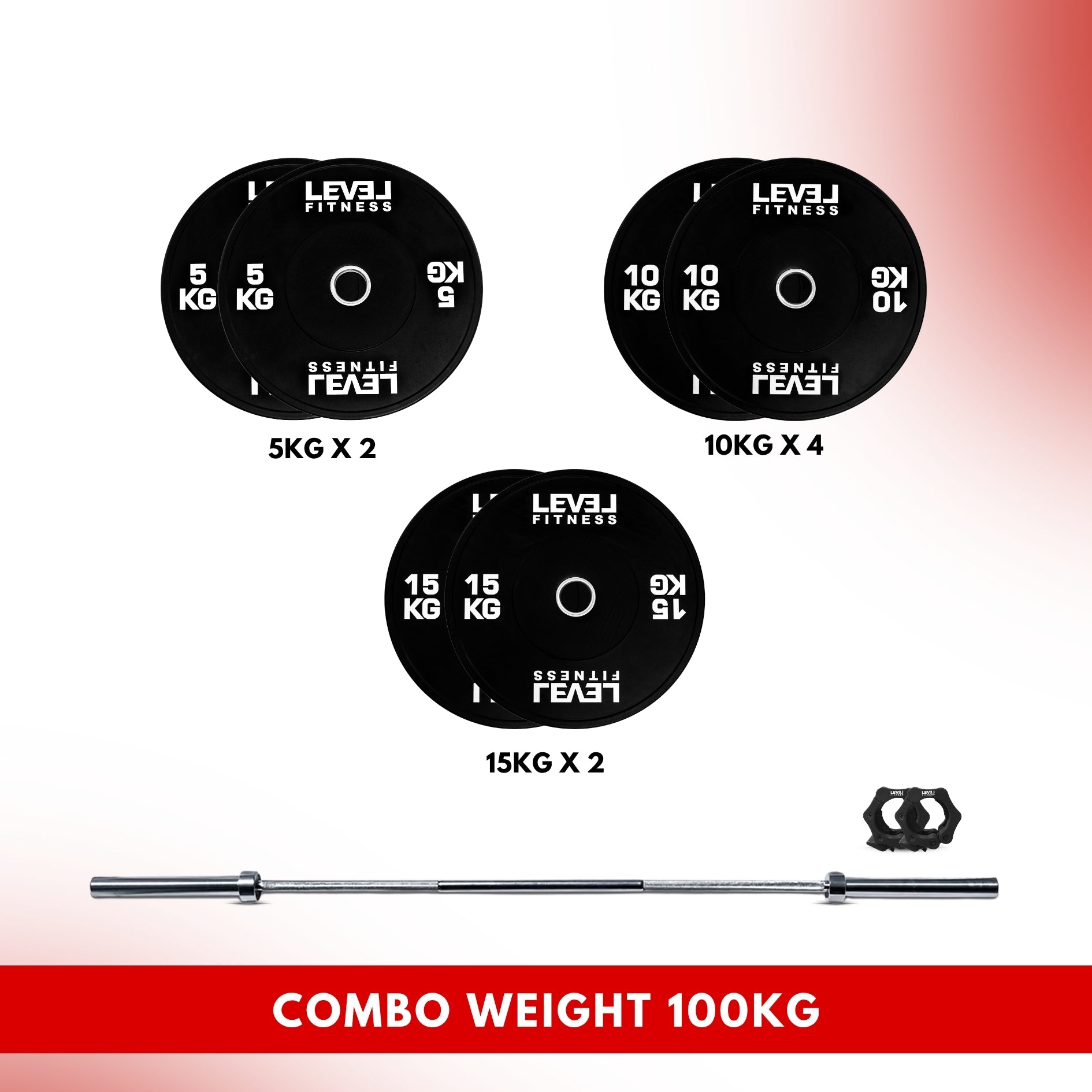 Combo 60Kg - 160Kg Sets | Level Fitness Black Olympic Plates Sets with 7 ft Olympic Barbell 100 KG