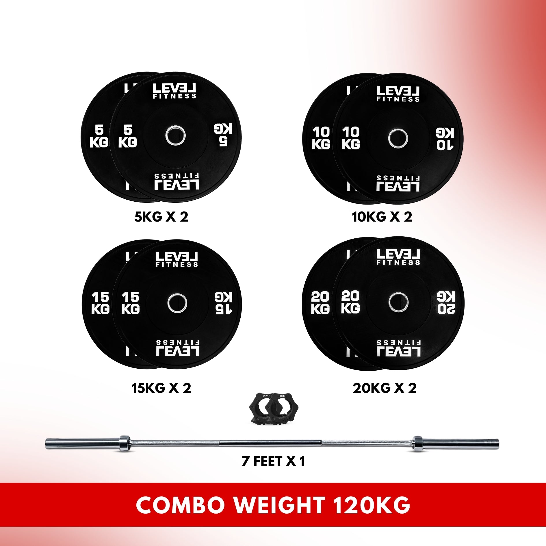 Combo 60Kg - 160Kg Sets | Level Fitness Black Olympic Plates Sets with 7 ft Olympic Barbell 120 KG