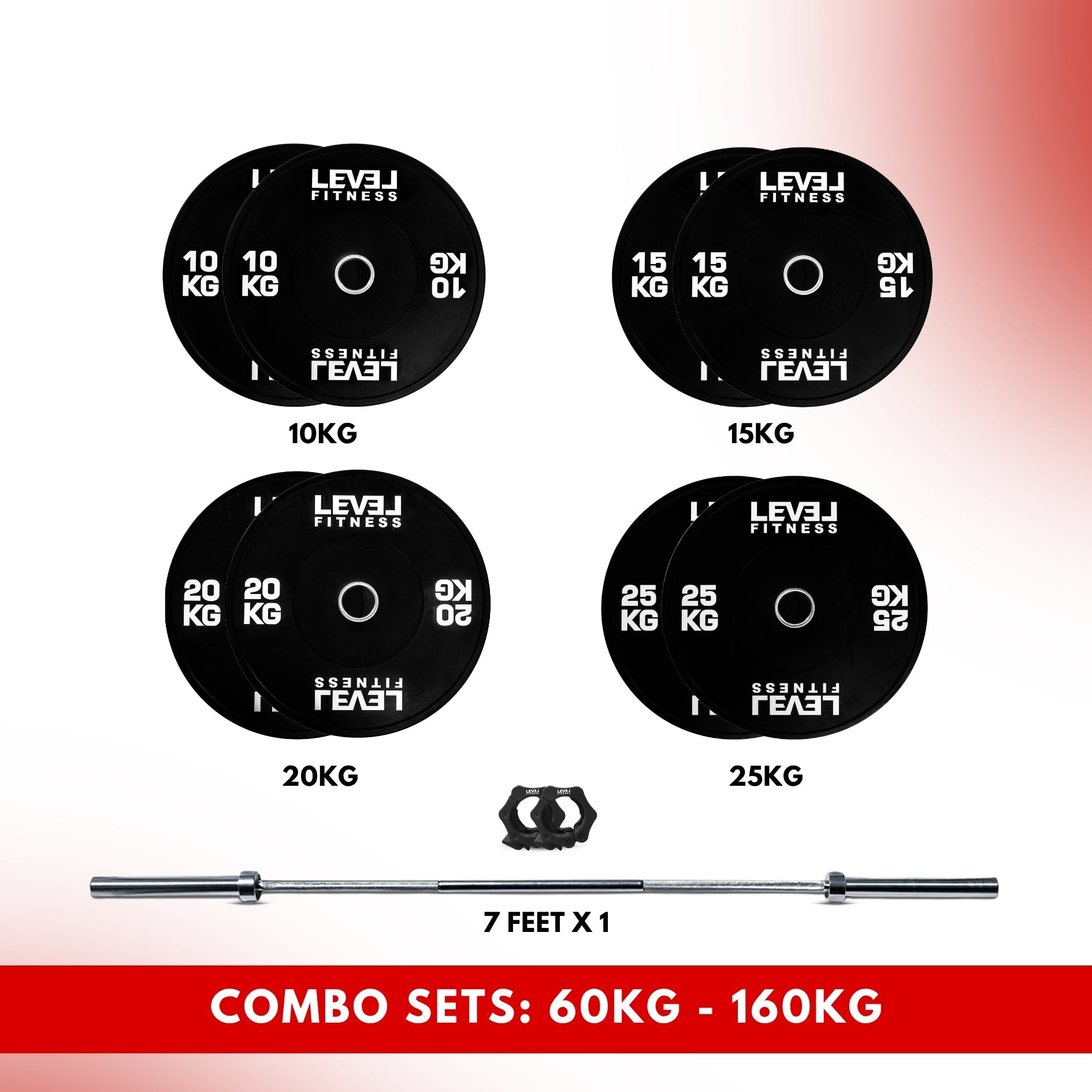 Combo 60Kg - 160Kg Sets | Level Fitness Black Olympic Plates Sets with 7 ft Olympic Barbell