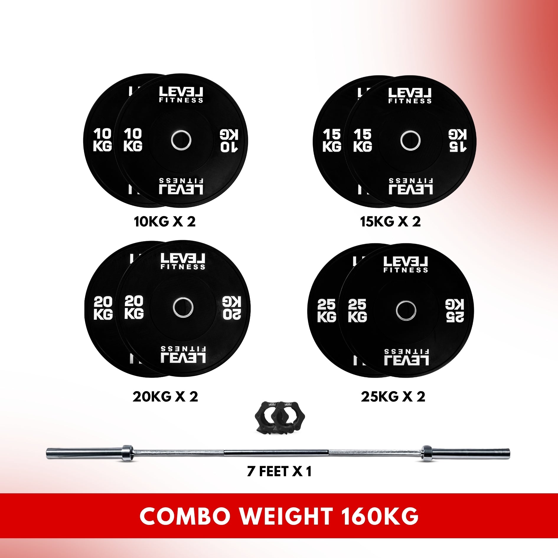 Combo 60Kg - 160Kg Sets | Level Fitness Black Olympic Plates Sets with 7 ft Olympic Barbell 160 KG