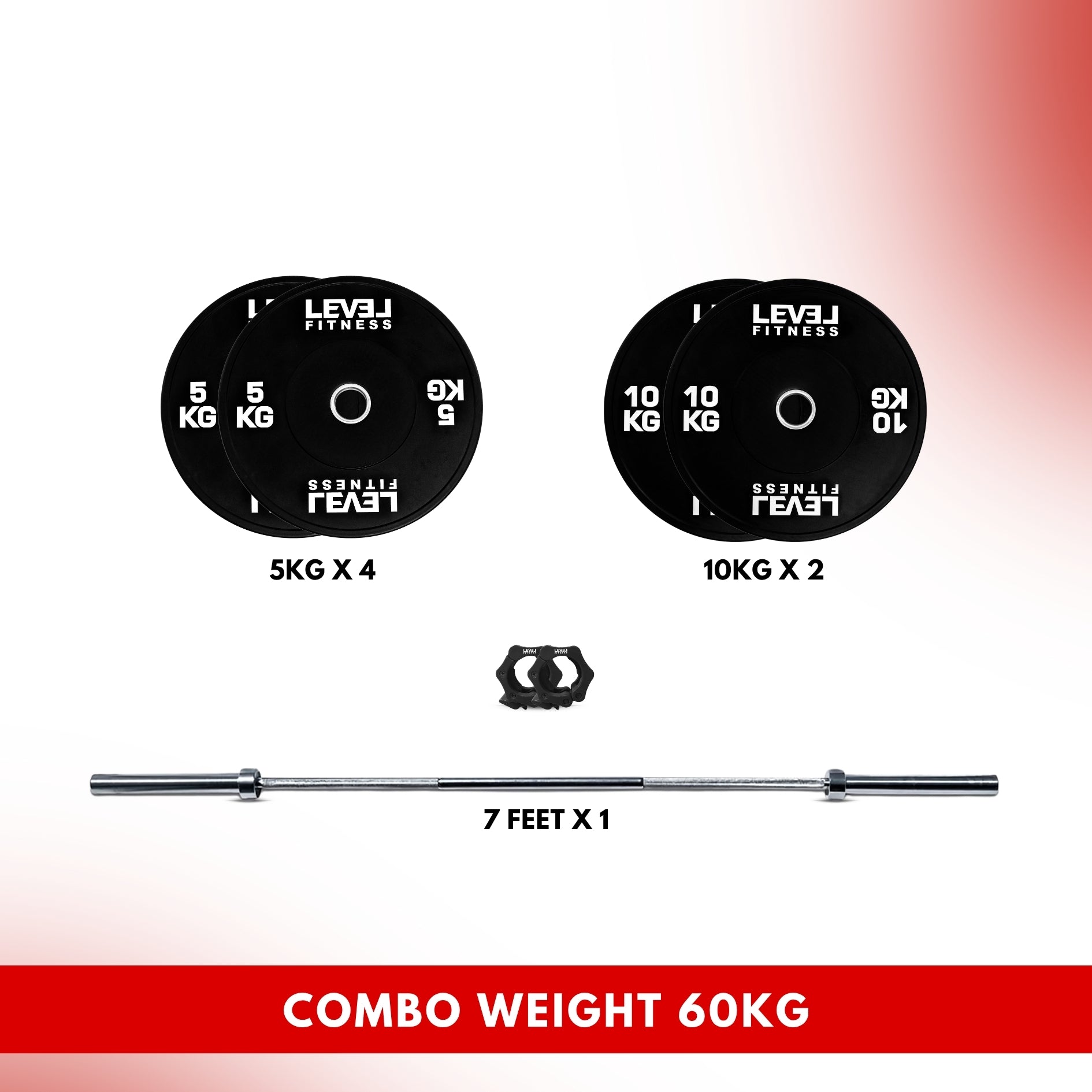 Combo 60Kg - 160Kg Sets | Level Fitness Black Olympic Plates Sets with 7 ft Olympic Barbell 60 KG