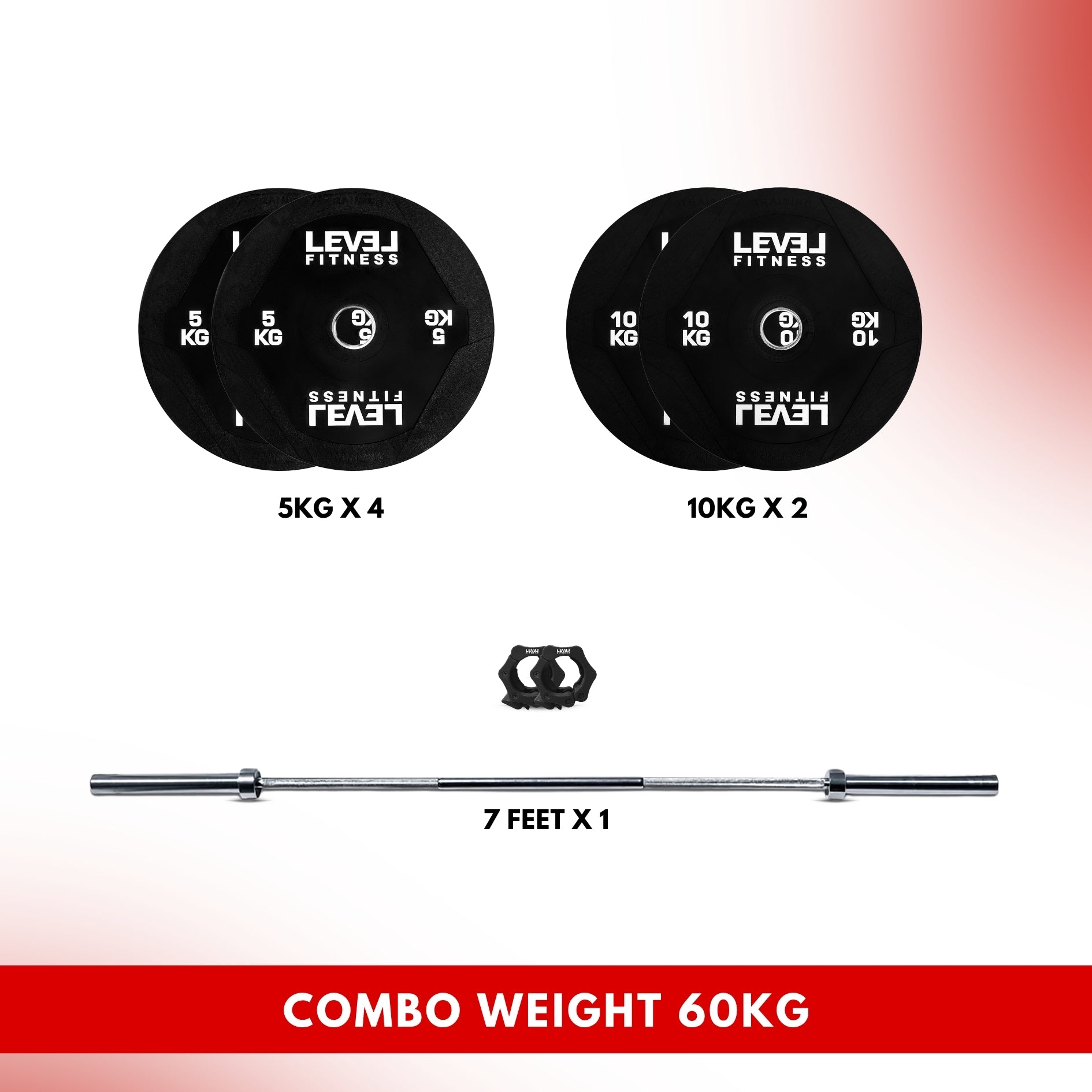 Combo 60Kg - 160Kg Sets | Level Fitness PU Black Olympic Plates Sets with 7 ft Olympic Barbell 60 KG