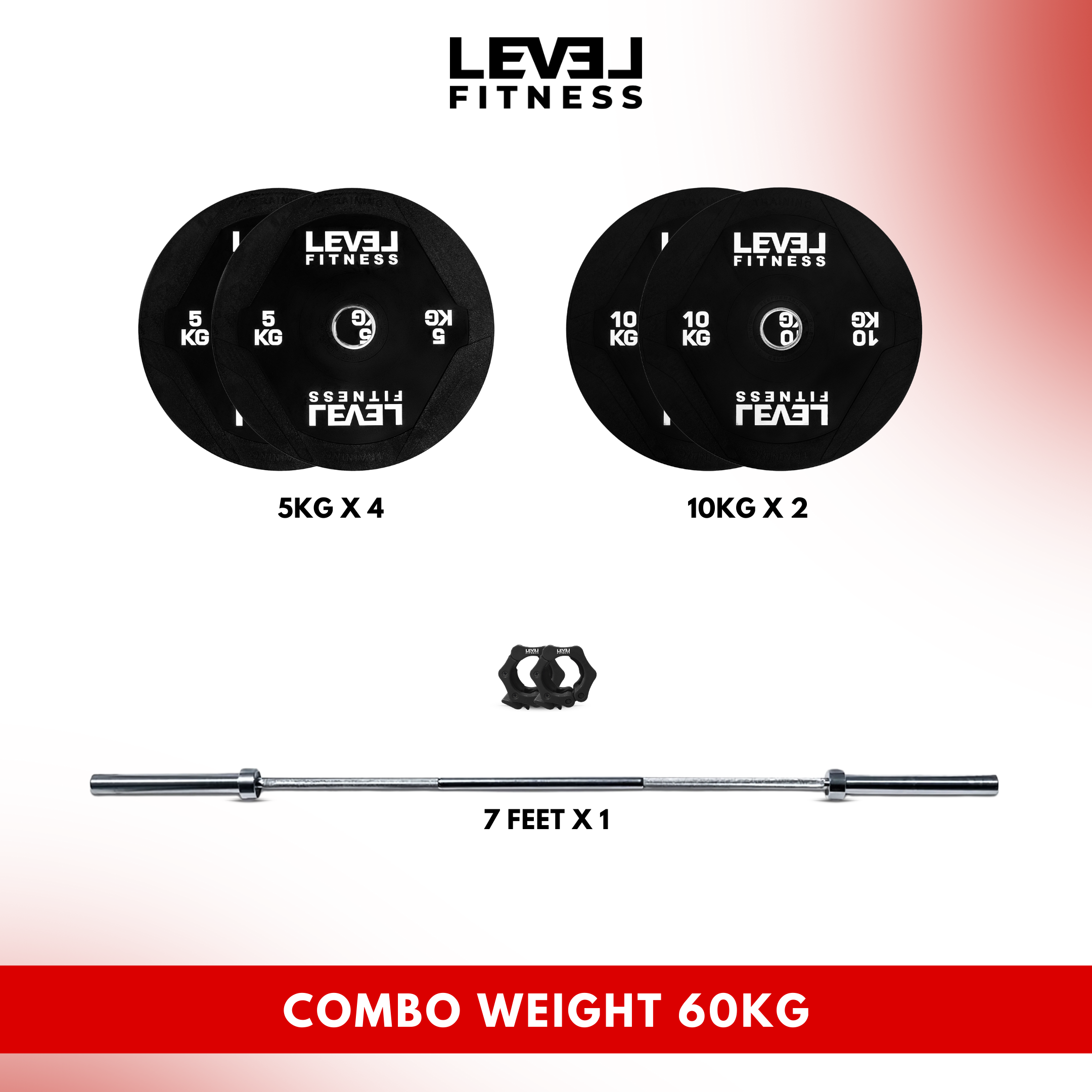 Combo | Level Fitness 7 ft Olympic Barbell with PU Black Olympic Plates Set | 60 Kg Set