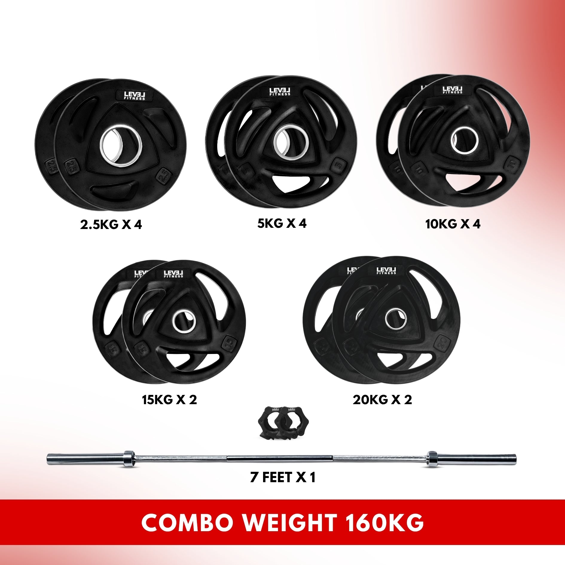 Combo 60KG - 160KG Sets | Level Fitness Tri Grip Olympic Plates with Olympic Barbell 160 KG