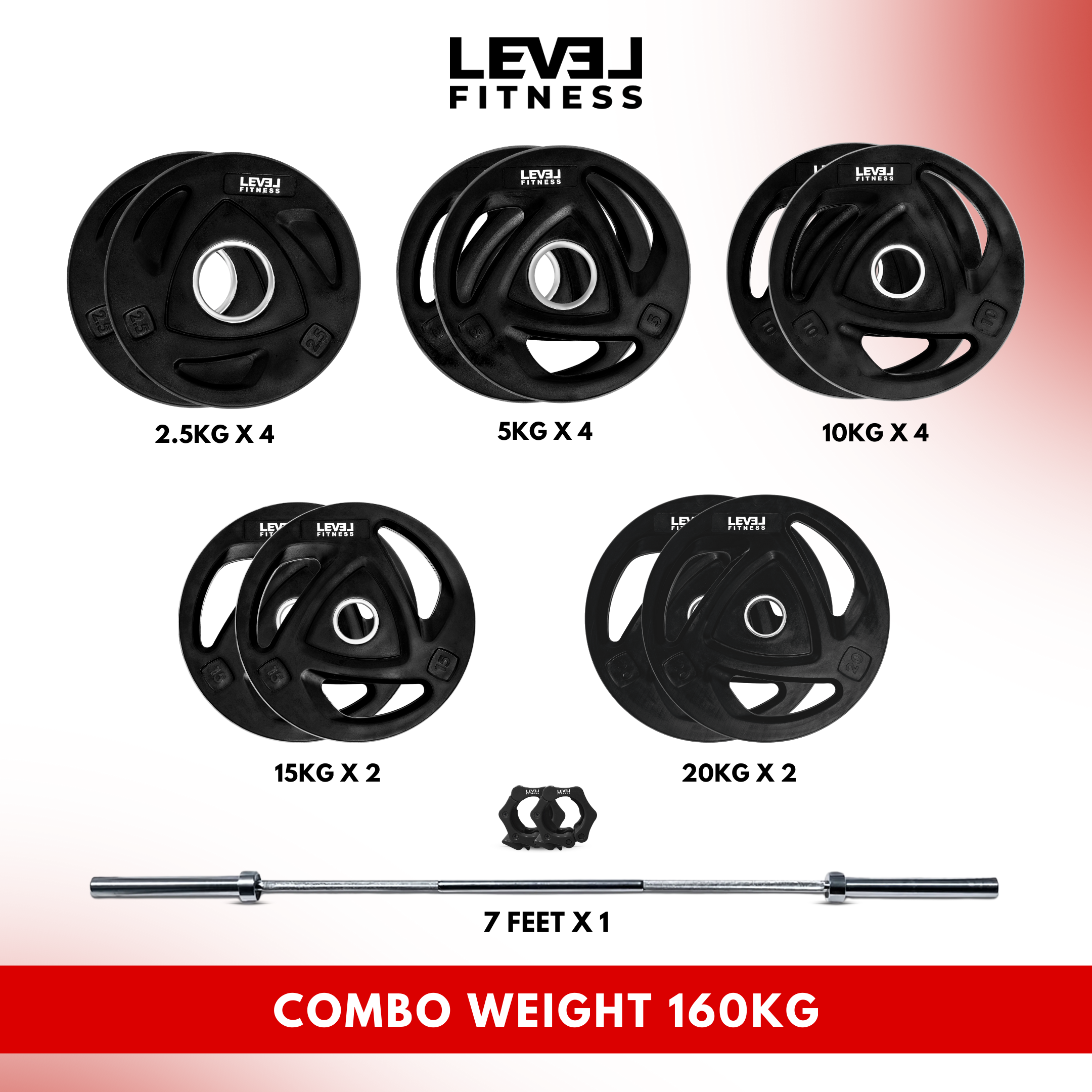 Combo | Level Fitness 7 ft Olympic Barbell with Tri Grip Olympic Plates Set | 160 Kg Set