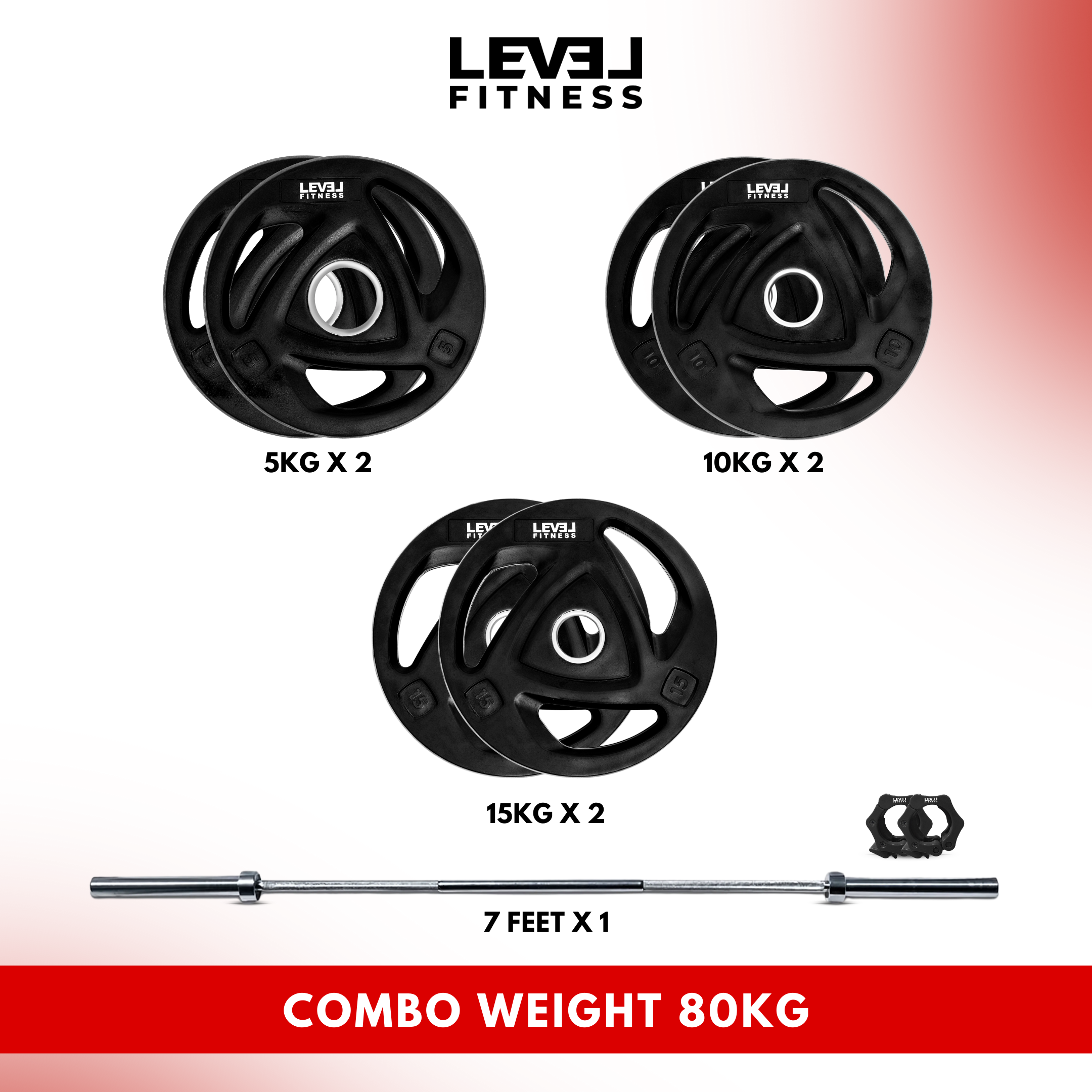 Combo | Level Fitness 7 ft Olympic Barbell with Tri Grip Olympic Plates Set | 80 Kg Set