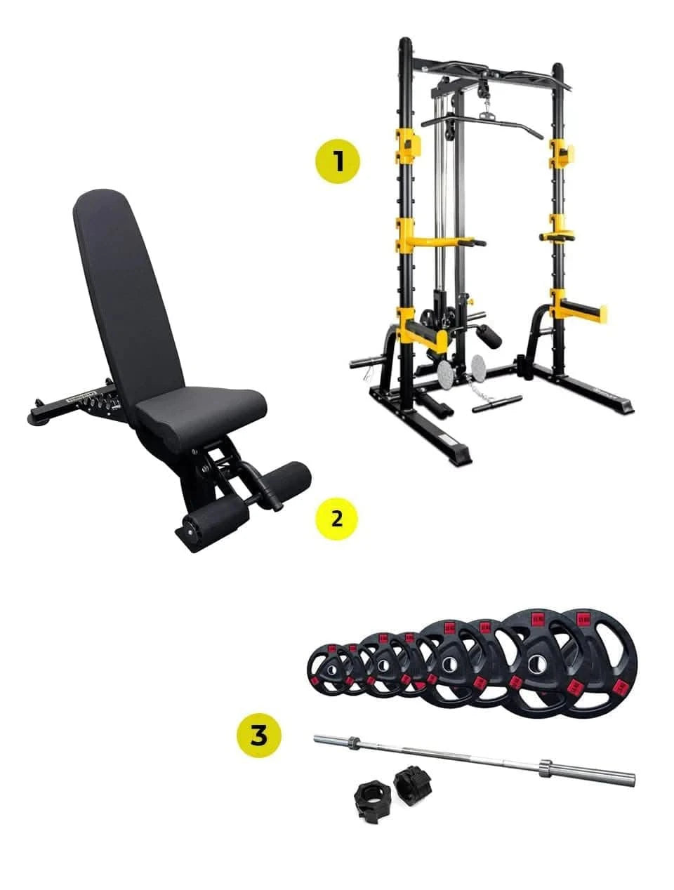 Combo Offer Squat Rack MDL66 7 ft Bar and 80 Kg Tri Grip Set with Adjustable Bench A8007