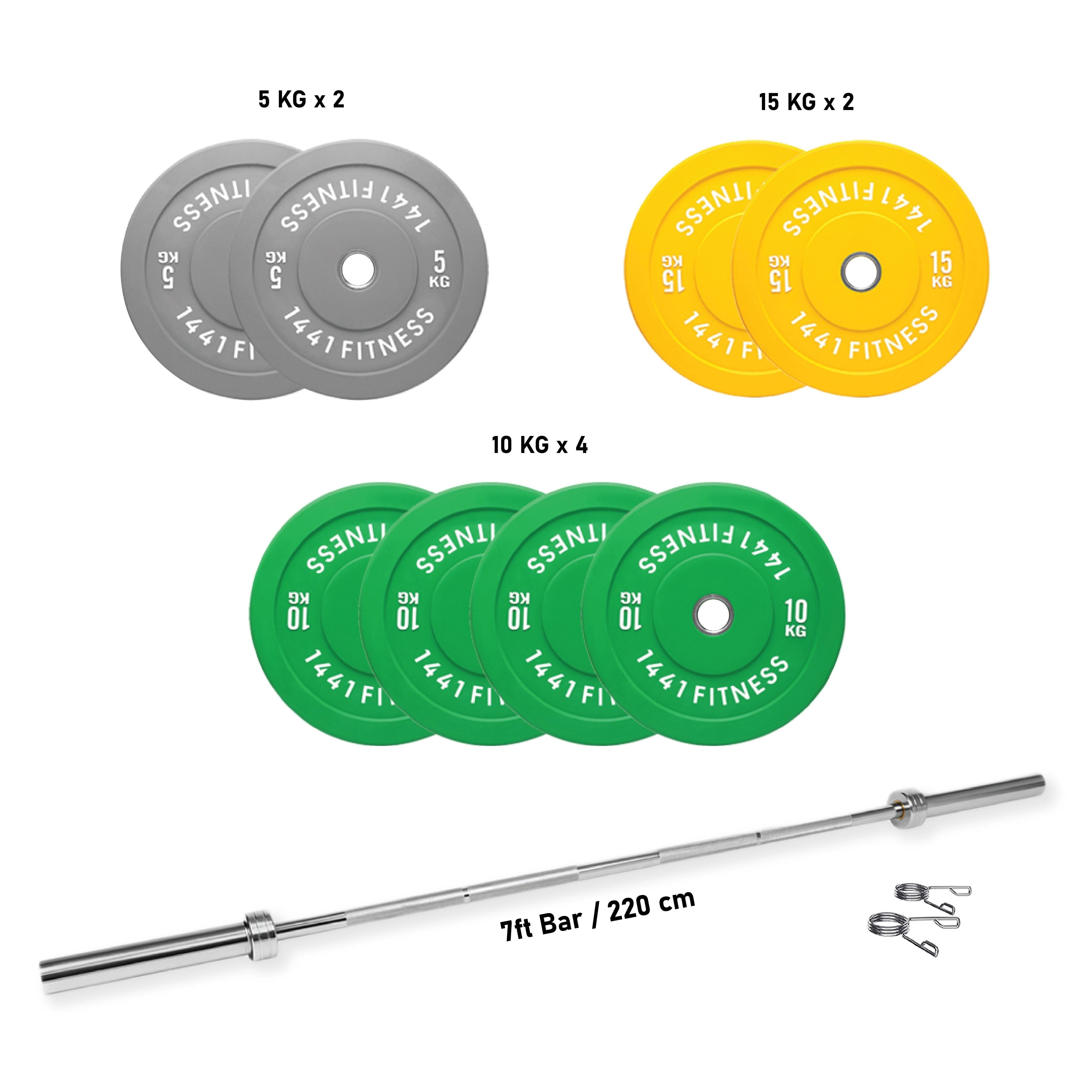 Combo 7 Ft Olympic Barbell and Color Bumper Plate Set - 100 KG | 1441 Fitness