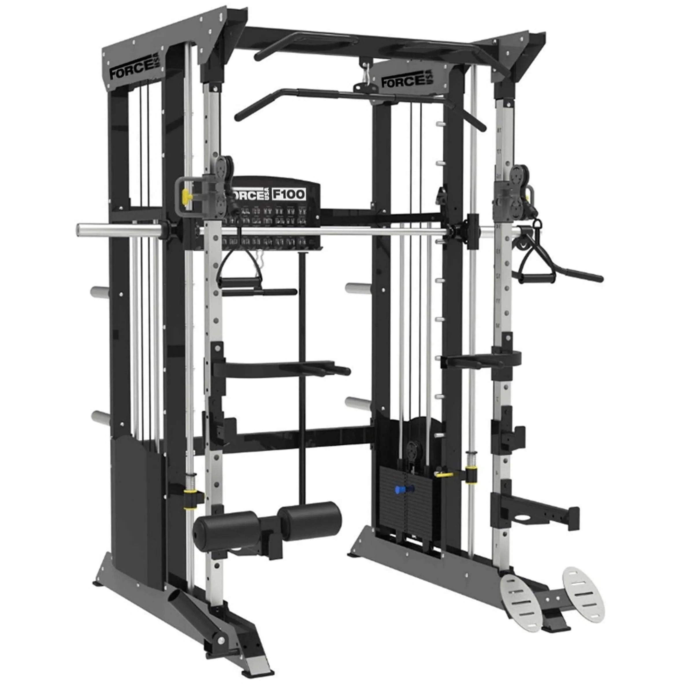 Force USA F100 All-In-One Trainer (Pin Loaded) – Includes 15kg Olympic Barbell & Dual Weight Stacks