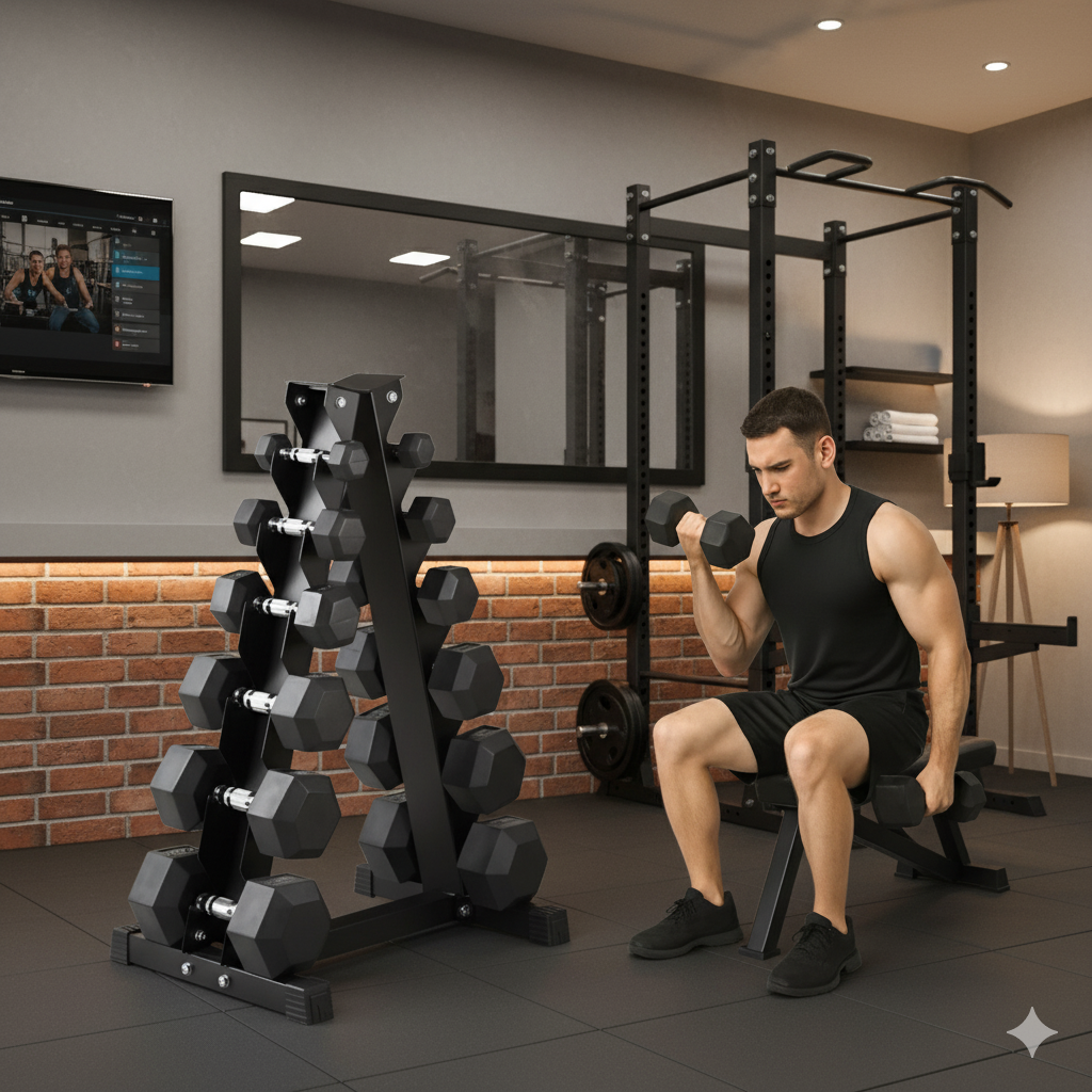 Level Fitness Dumbbells Set 2.5 to 15 Kg with 6 pair Vertical Dumbbell Rack Strength Training Equipment with Adjustable Bench for Bench Press (Optional) | Combo