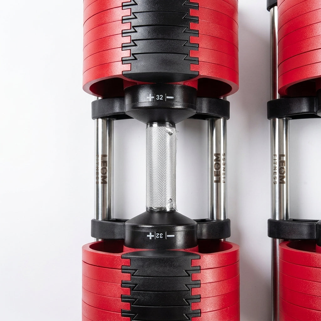 Leom Fitness Adjustable Dumbbells, 2kg to 32kg, Pair (Red)