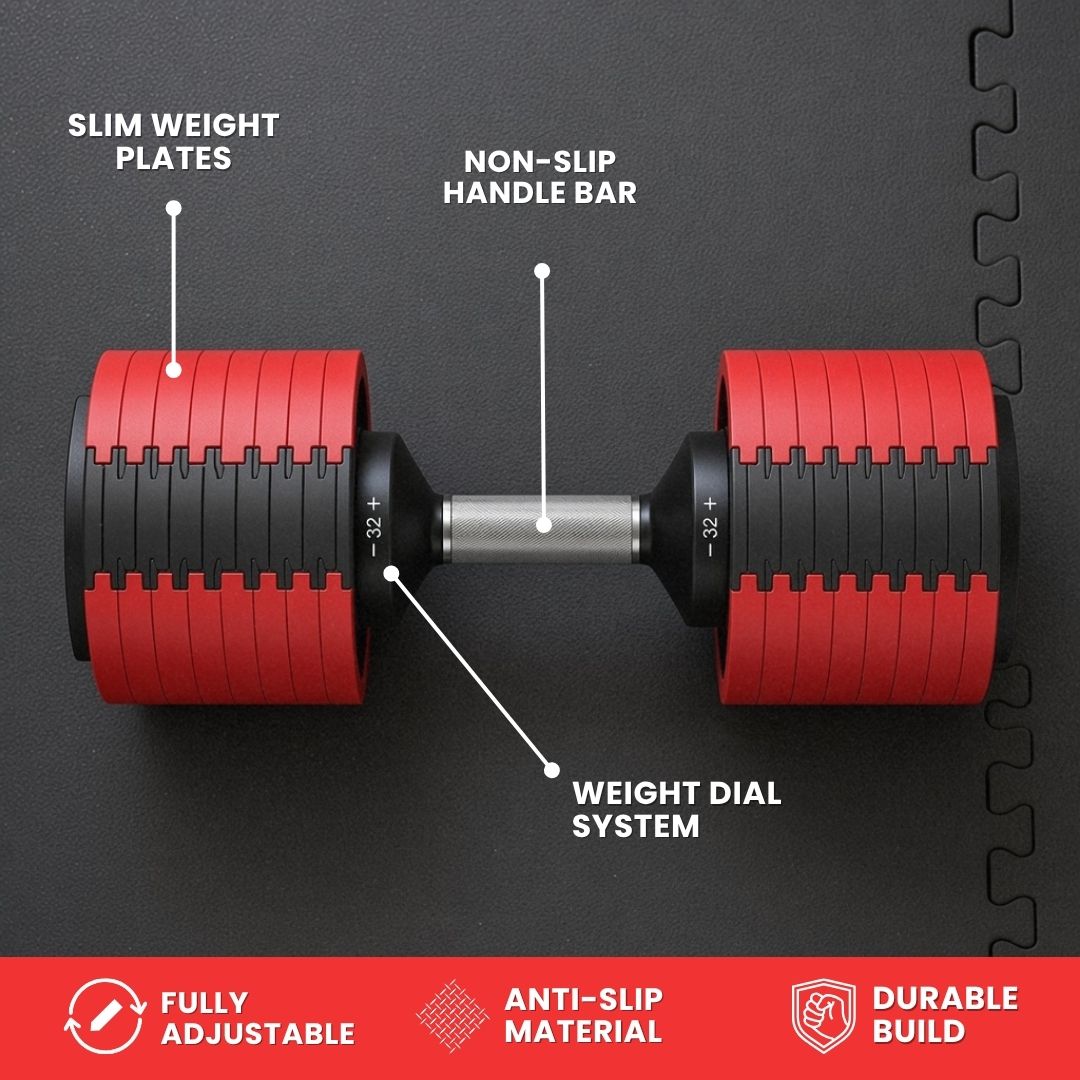 Leom Fitness Adjustable Dumbbells, 2kg to 32kg, Pair (Red)