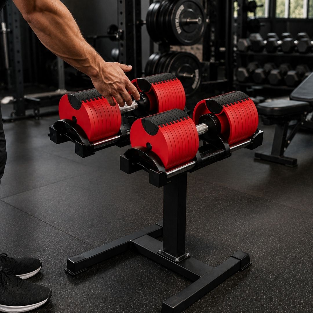 Leom Fitness Adjustable Dumbbells, 2kg to 32kg, Pair (Red)