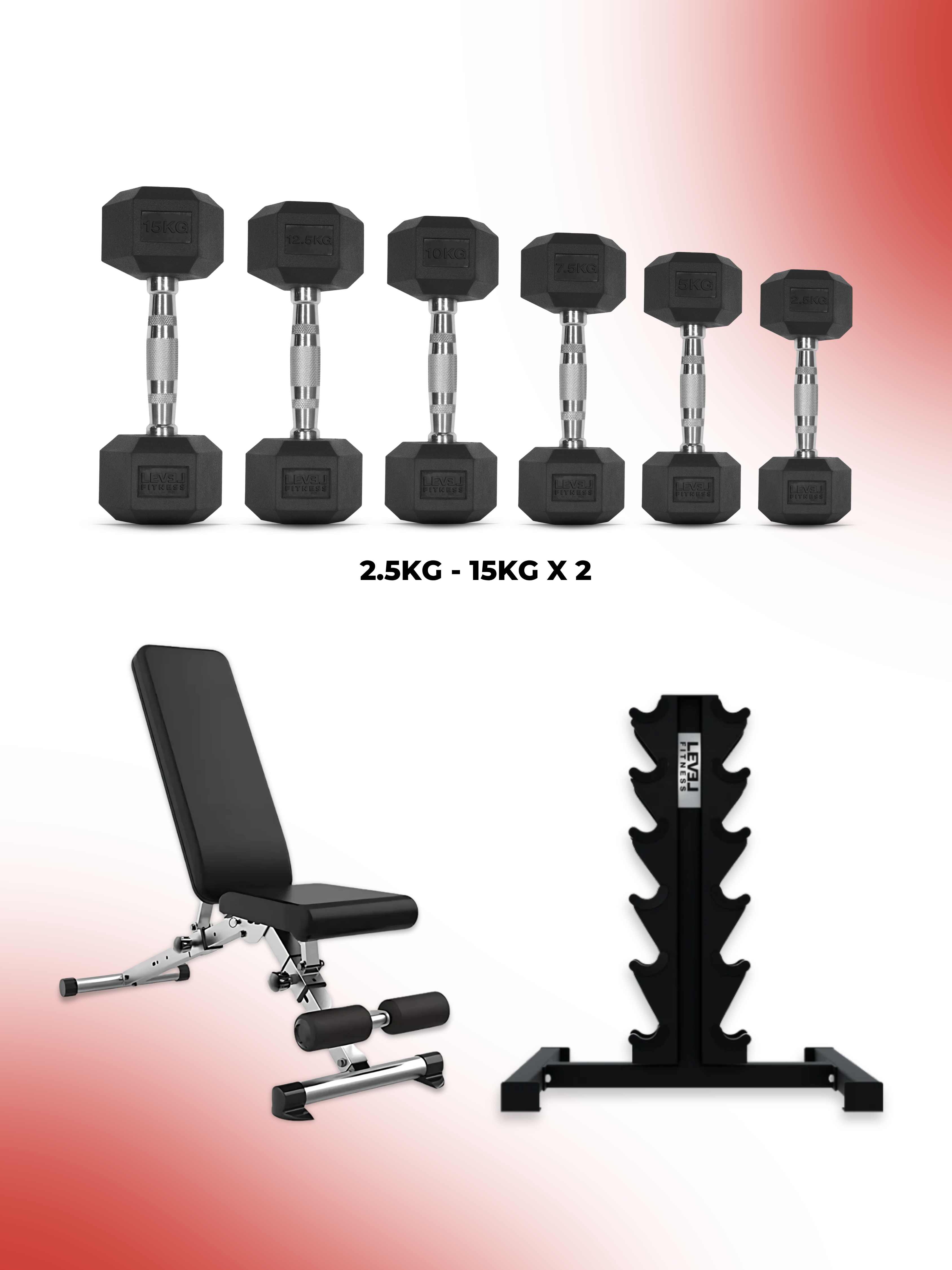 Level Fitness Dumbbells Set 2.5 to 15 Kg with 6 pair Vertical Dumbbell Rack Strength Training Equipment with Adjustable Bench for Bench Press (Optional) | Combo New Vertical Rack With Adjustable Bench