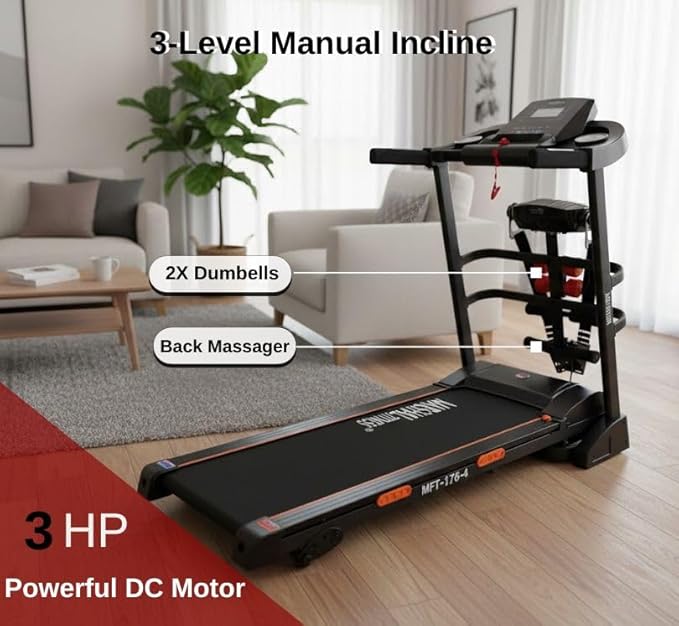 MF 3HP Foldable Treadmill with Massager 3-Level Incline 120kg