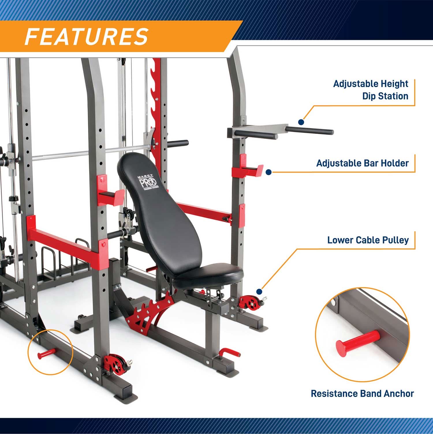 Marcy SM-4903 Pro Smith Machine – Home Gym Cage Training System with Adjustable Bench