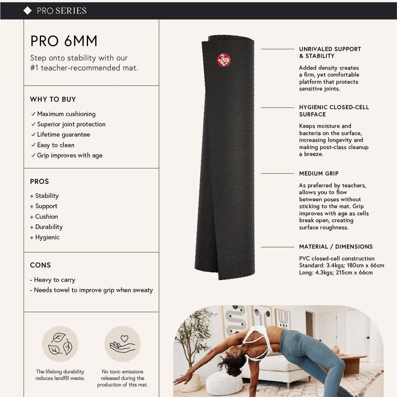 Manduka Pro 71" (180cm) Yoga Mat, 6mm