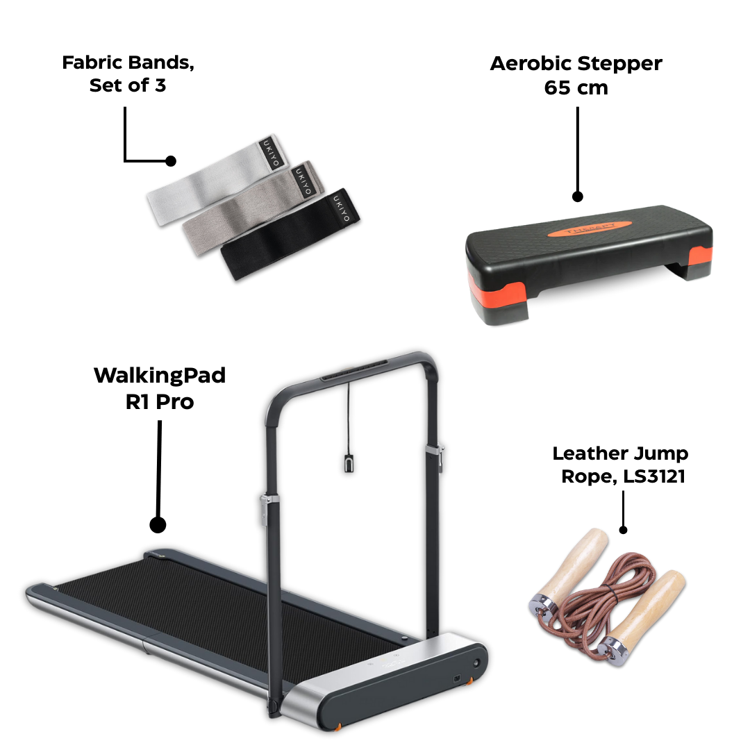 Athletix Cardio Fitness Pack – Home Cardio Bundle with Kingsmith R1 Pro WalkingPad, Leather Jump Rope, Stepper & Resistance Bands