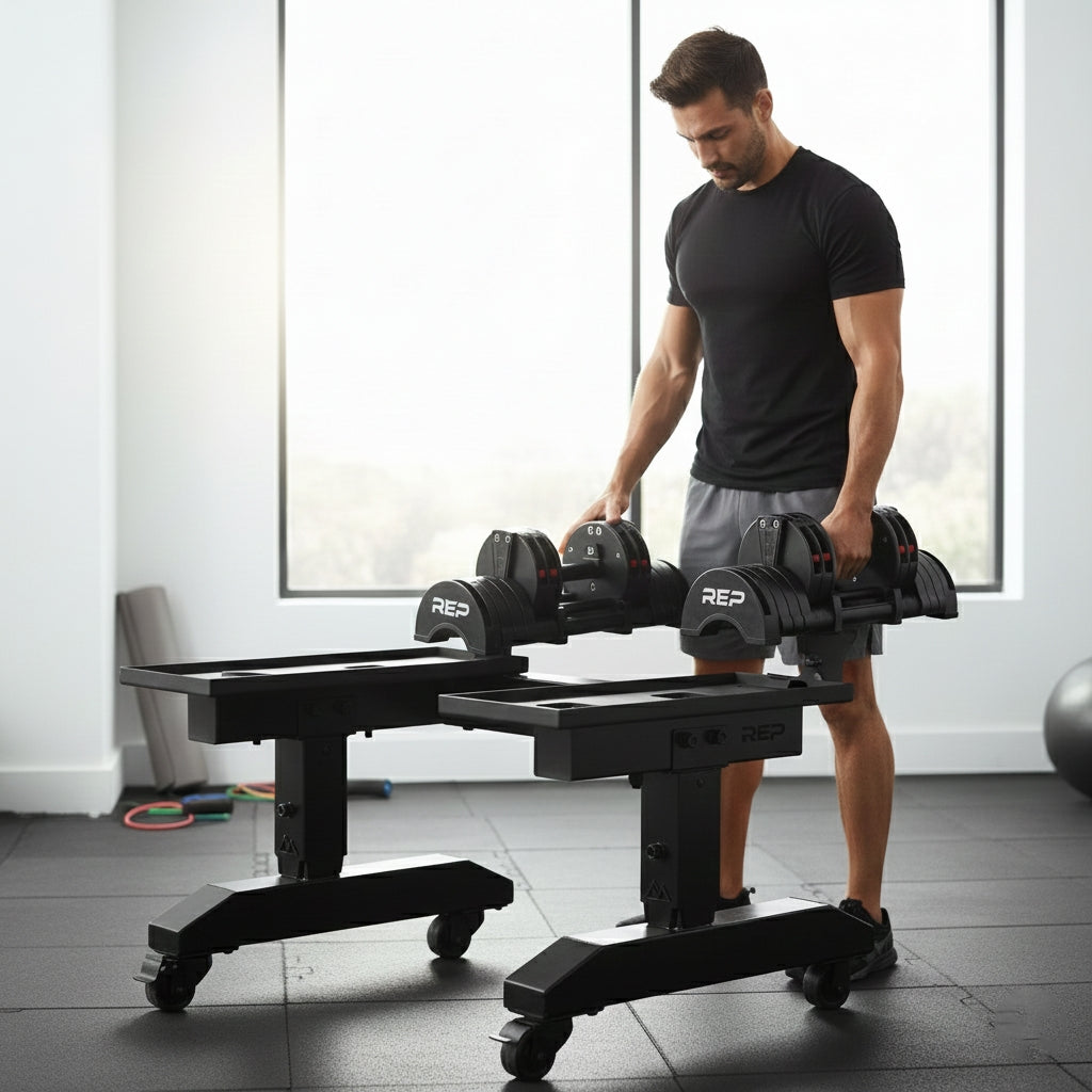 REP Fitness Adjustable Dumbbell Stand with QuickDraw Adjustable Dumbbells - Pair
