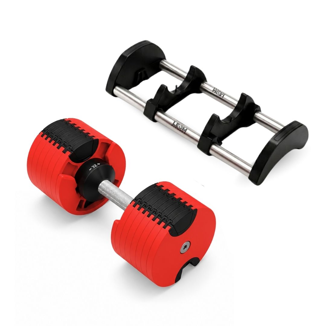 Leom Fitness Adjustable Dumbbells, 2kg to 32kg, Pair (Red)