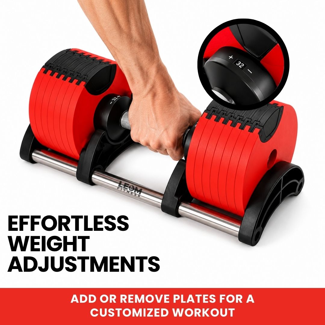 Leom Fitness Adjustable Dumbbells, 2kg to 32kg, Pair (Red)