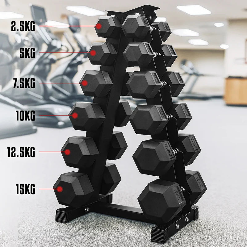 Liftdex Rubber Coated Dumbbell Set Combo (2.5kg–15kg) with Level Fitness 6 Pair Vertical Dumbbell Rack