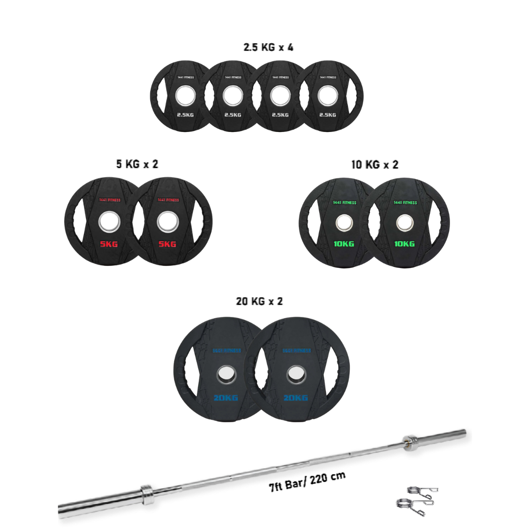 Combo 1441 Fitness 7 Ft Olympic Barbell With Black Dual Grip Plates Set | 100 Kg