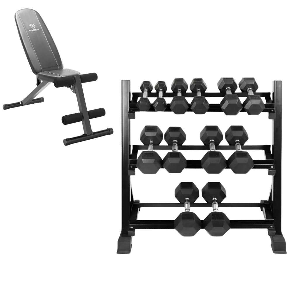 Level Fitness 2.5Kg to 15Kg Dumbbell Sets with 3 Tier Dumbbells Rack | 6 Pairs of Dumbbells Combo Set With Bench
