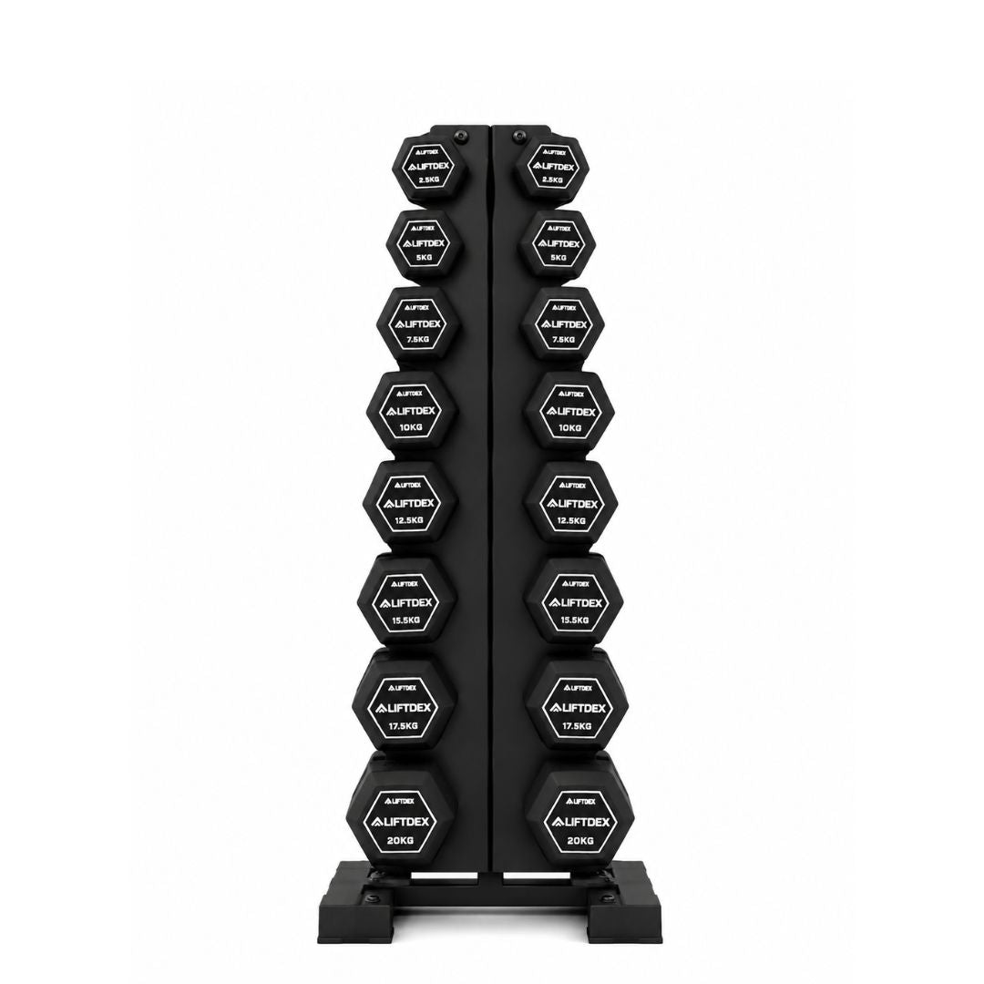 Liftdex Rubber Coated Dumbbell Combo Set (2.5kg–20kg) with Level Fitness 8 Pair Vertical Dumbbell Rack