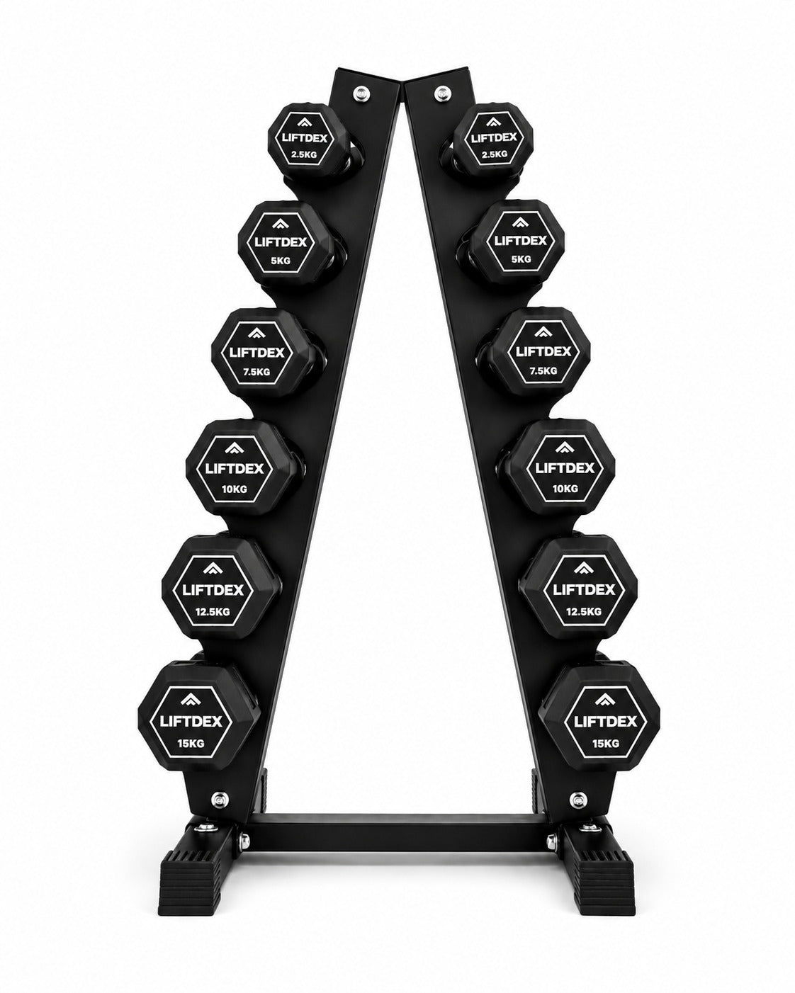 Liftdex Rubber Coated Dumbbell Set Combo (2.5kg–15kg) with Level Fitness 6 Pair Vertical Dumbbell Rack
