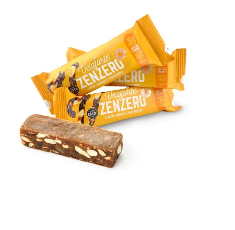 Veloforte Zenzero Energy Bar - Lemon, Ginger and Pistachios - 9 count x 62g - 5gr plant protein, 37gr Carbs, Digestion calming Stem Ginger, Rich in Dual Carbohydrates, All Natural, Vegan, Gluten Free