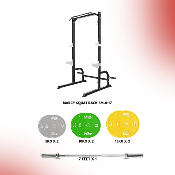 Combo | Marcy Squat Rack SM-8117 with 7 ft Bar & 80 Kg Plates Set Color Bumper Plate (80KG)