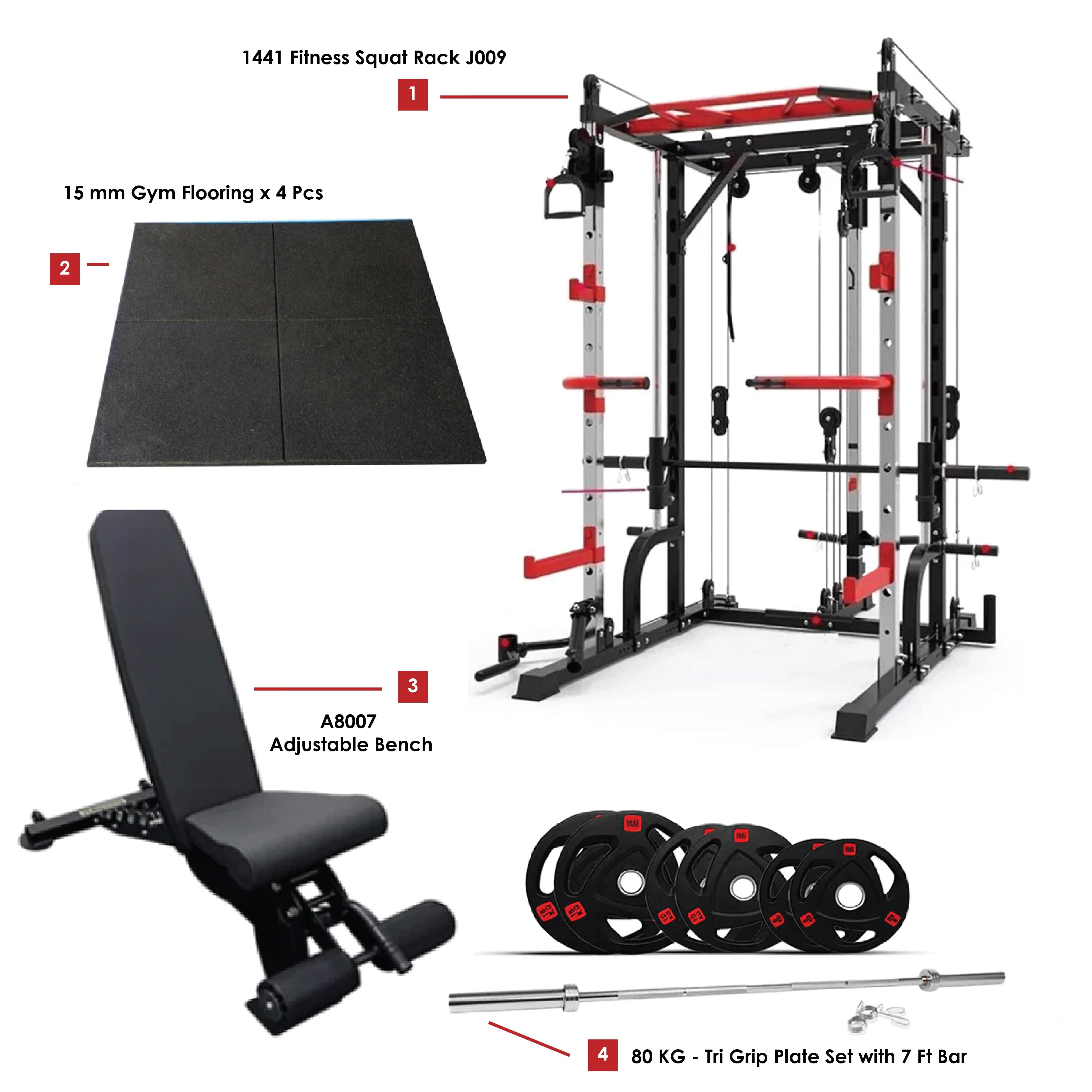 Combo Deal | 1441 Fitness Smith Machine With Functional Trainer J009 + 7 Ft Bar With Tri Grip 80 Kg Set + Adjustable Bench A8007 + 15 MM Flooring