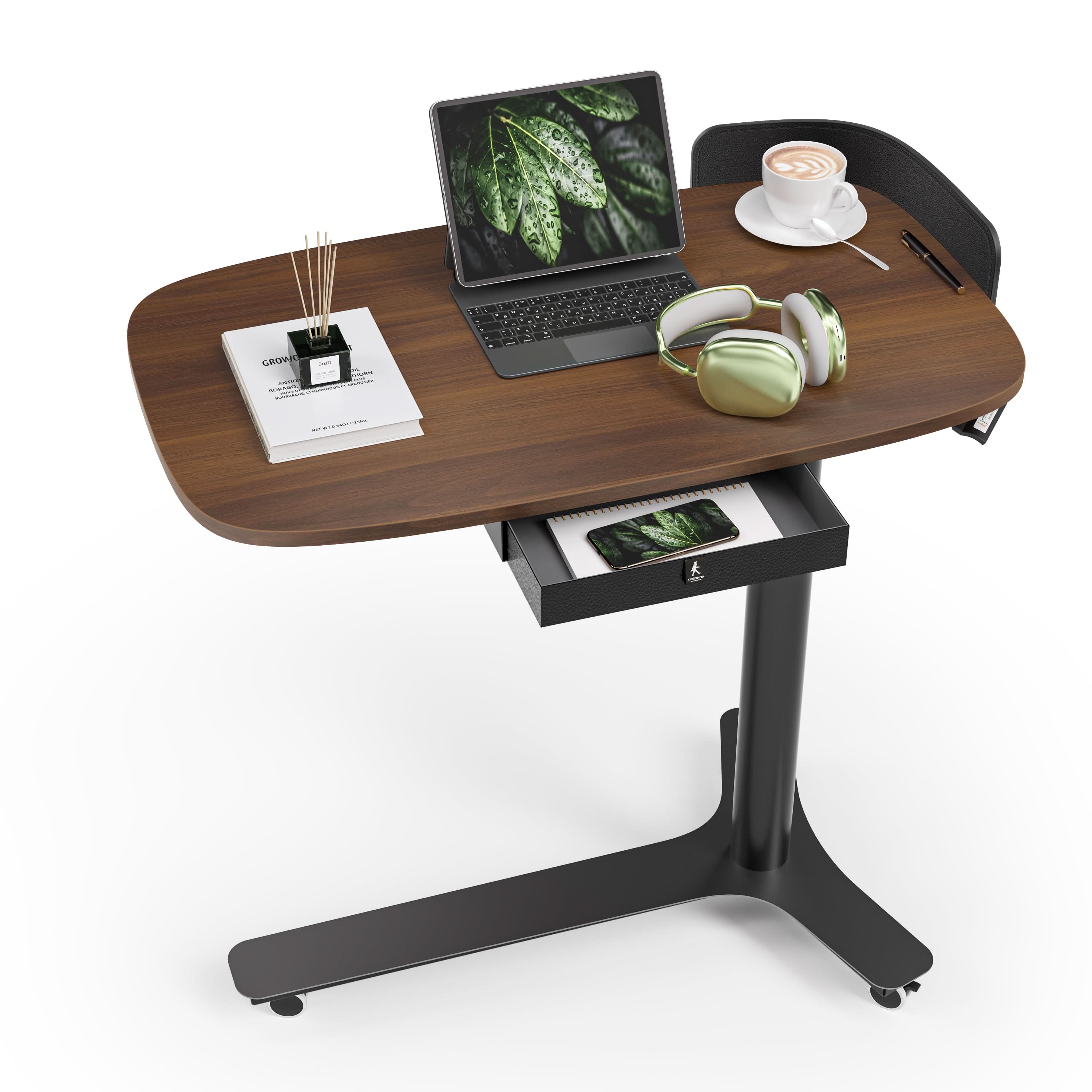 Kingsmith ETD2 Rolling Adjustable Desk with Drawer & Wheels, Portable Small Standing Desk for Home/Office Walnut