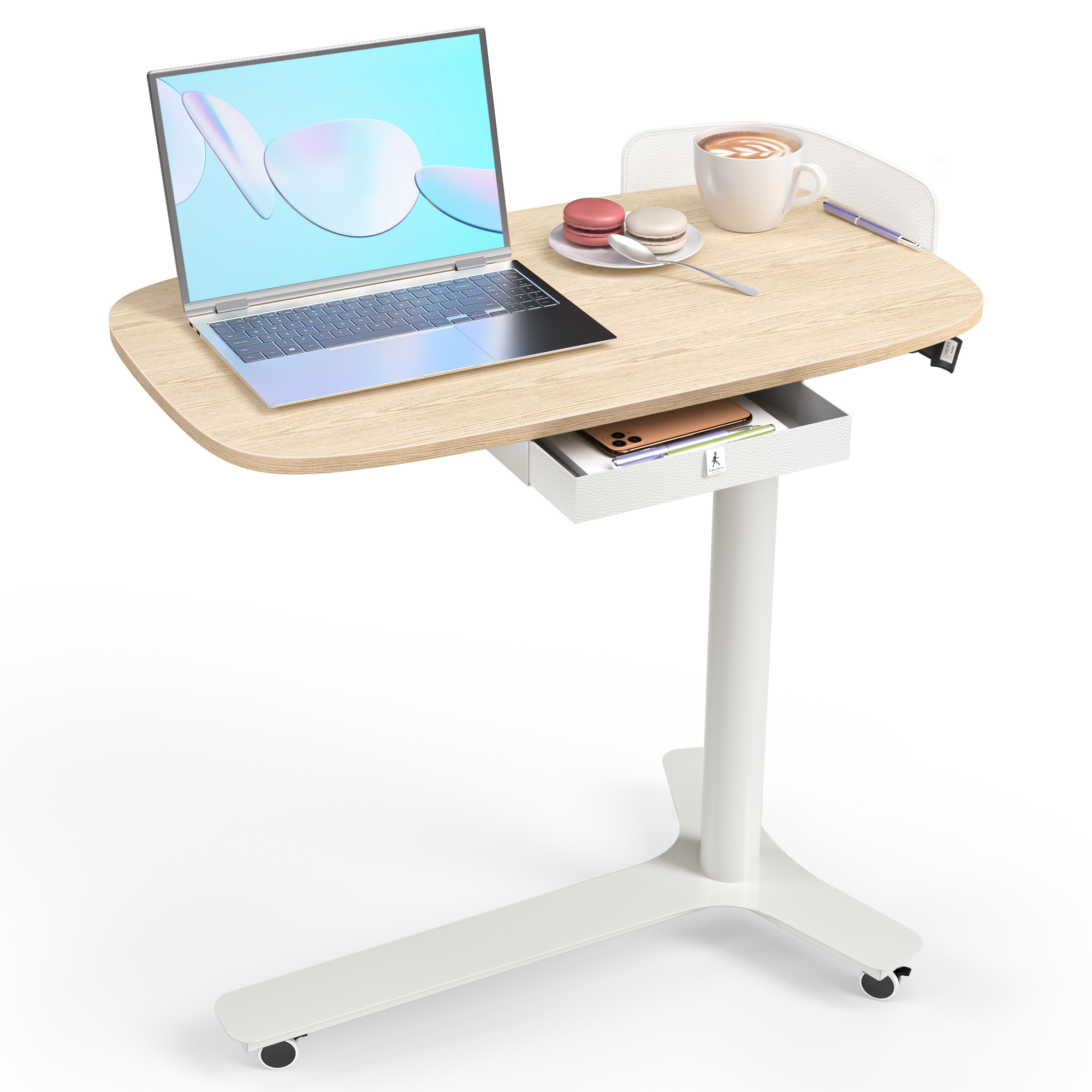 Kingsmith ETD2 Rolling Adjustable Desk with Drawer & Wheels, Portable Small Standing Desk for Home/Office White