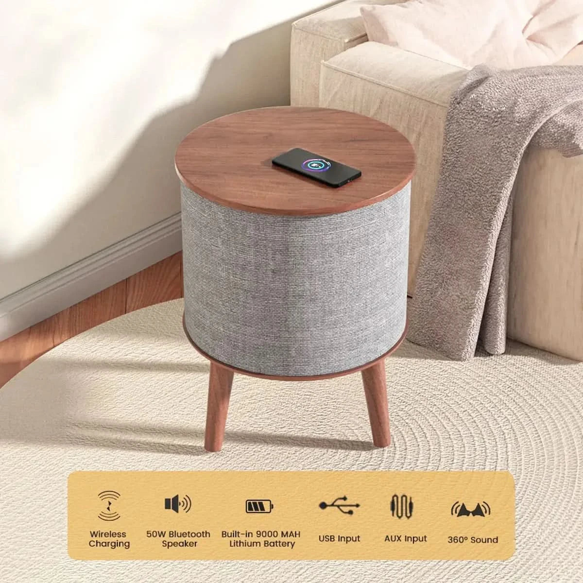 Nourest 3-in-1 Wireless Charging Side Table with Portable Bluetooth Speaker Table