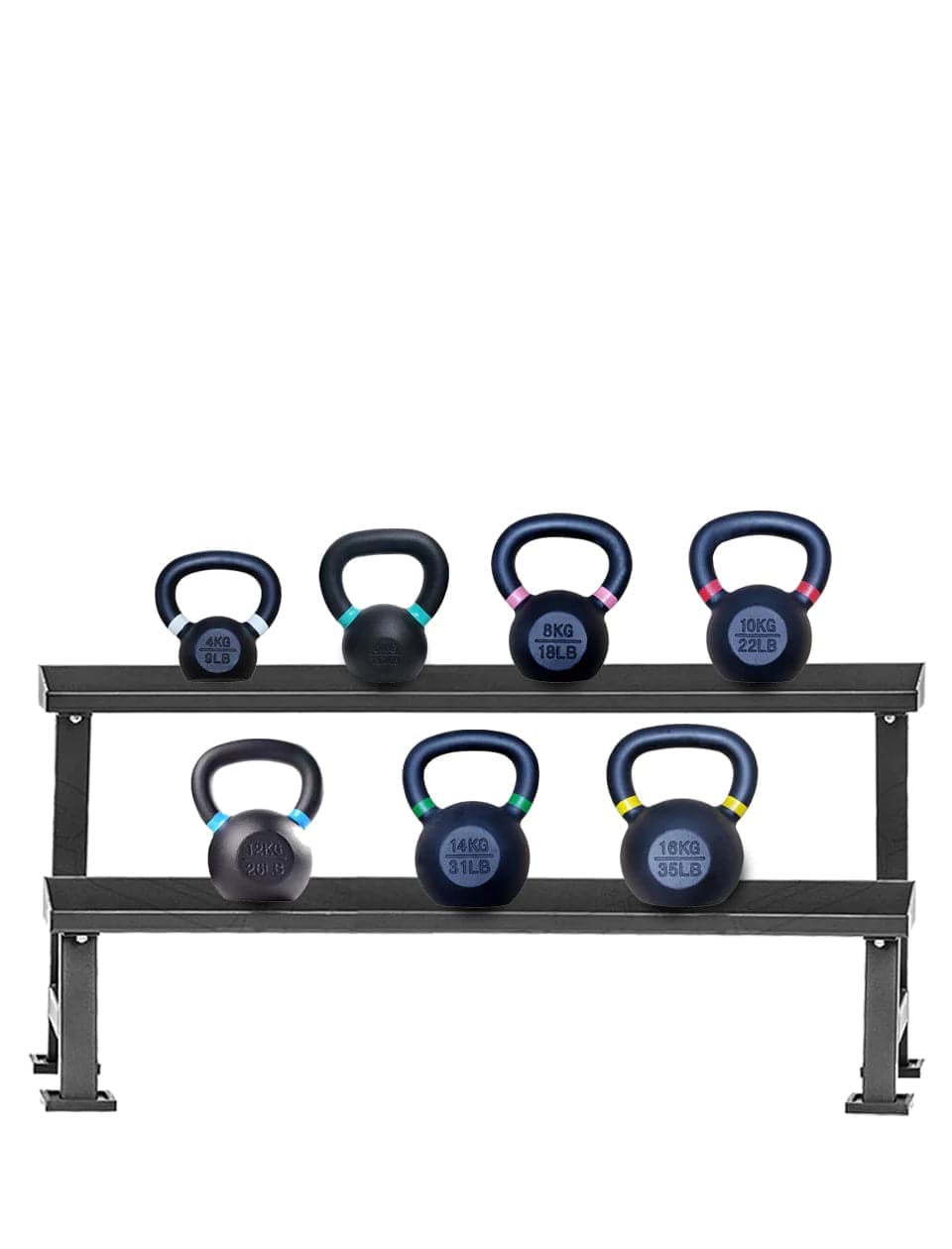 Combo 1441 Fitness Powder Coated Kettlebell - 4 Kg to 16 Kg - 7 Pcs Set With 2 Tier Rack