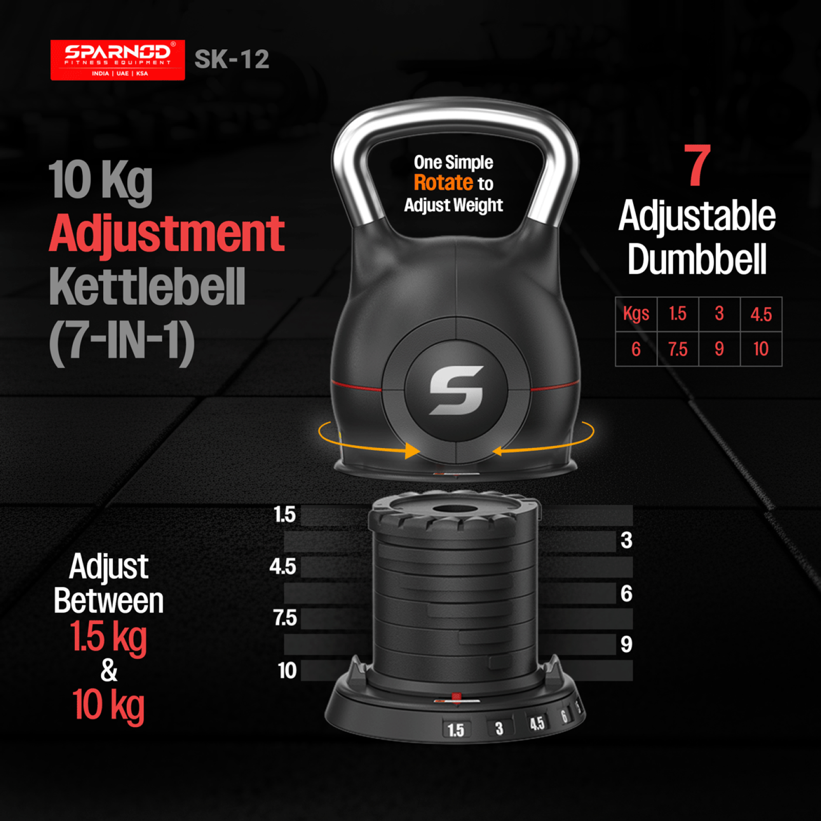 Sparnod Fitness 7 in 1 Adjustable Kettlebell, 10 KG, SK-12