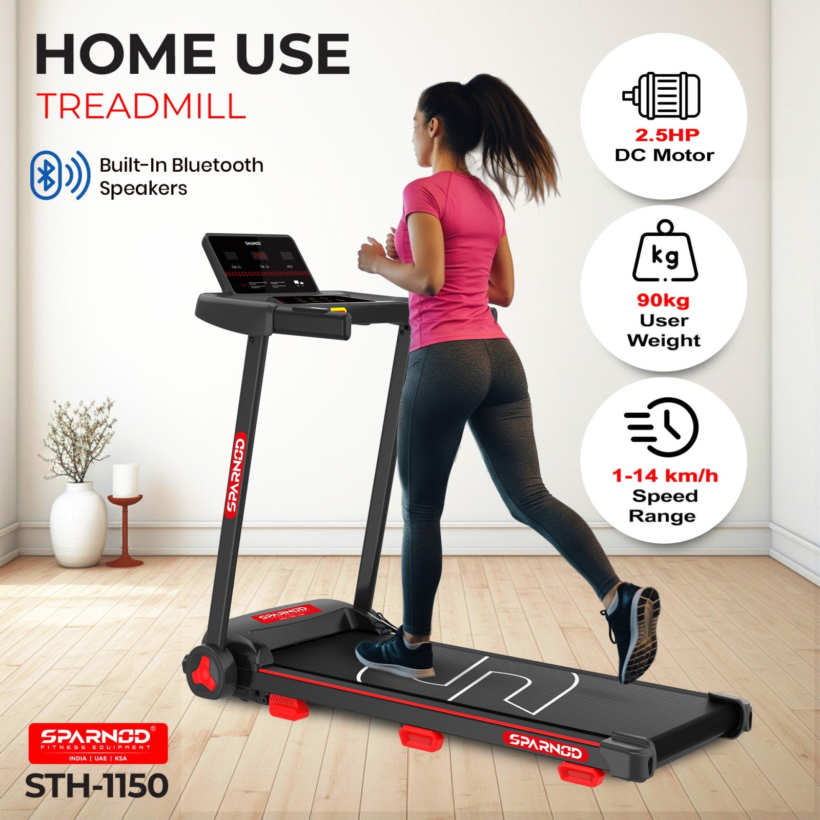 Sparnod Fitness Home Use Treadmill, Bluetooth Speakers, 12 Preset Program with LED Display, STH-1150