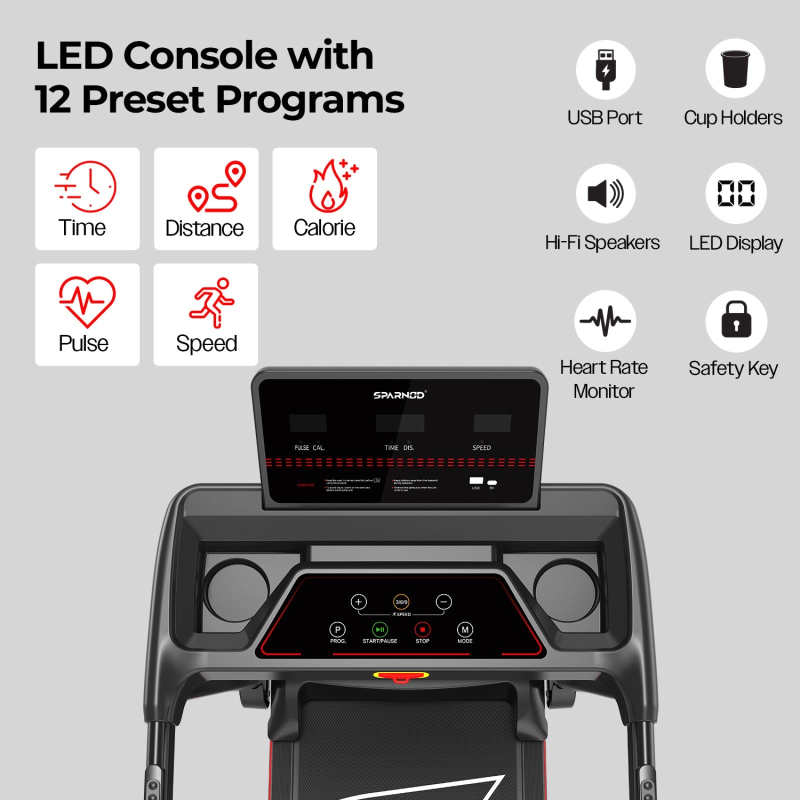 Sparnod Fitness Home Use Treadmill, Bluetooth Speakers, 12 Preset Program with LED Display, STH-1150
