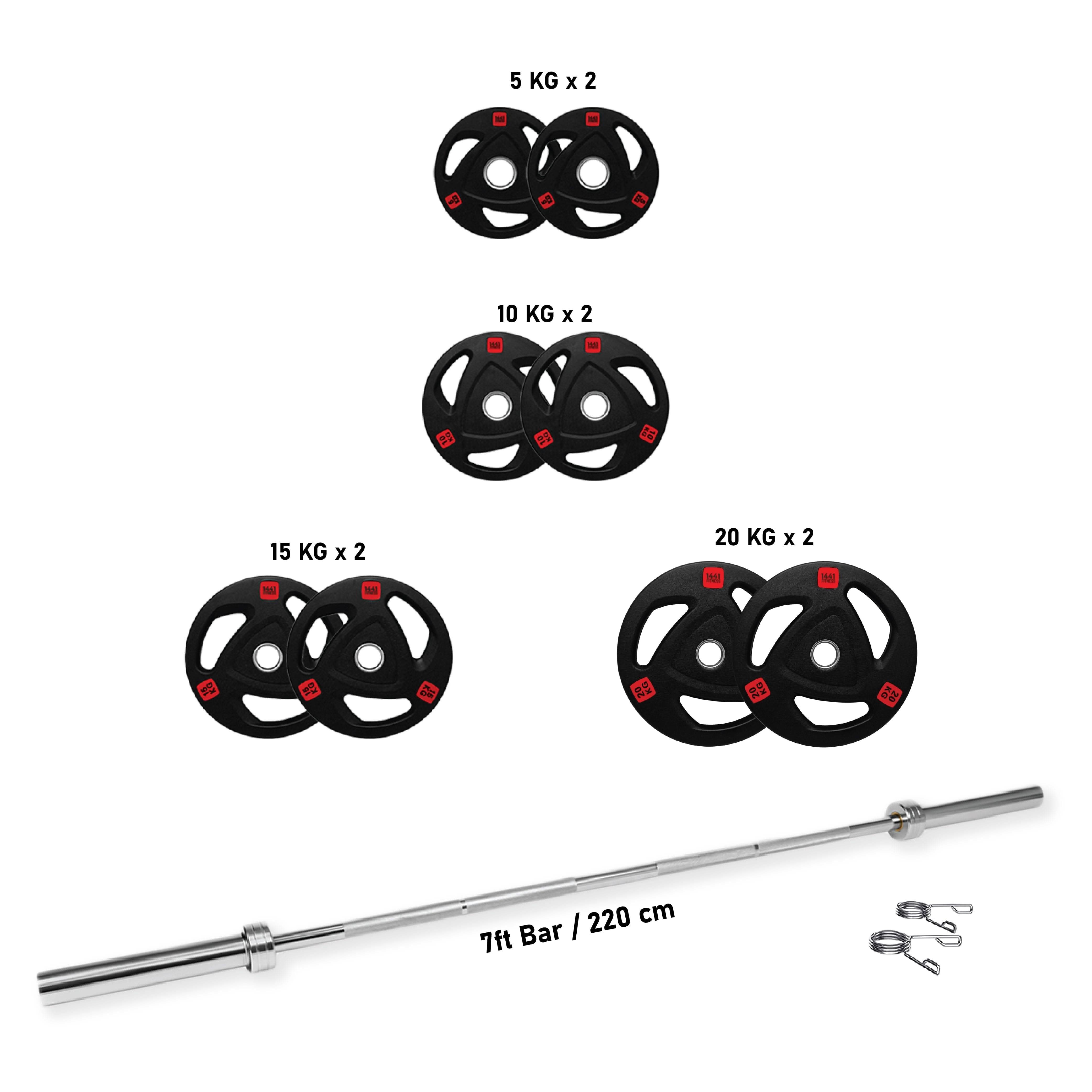 Combo 1441 Fitness 7 Ft Olympic Barbell with Black Olympic Tri-Grip Plates Set | 120 kg