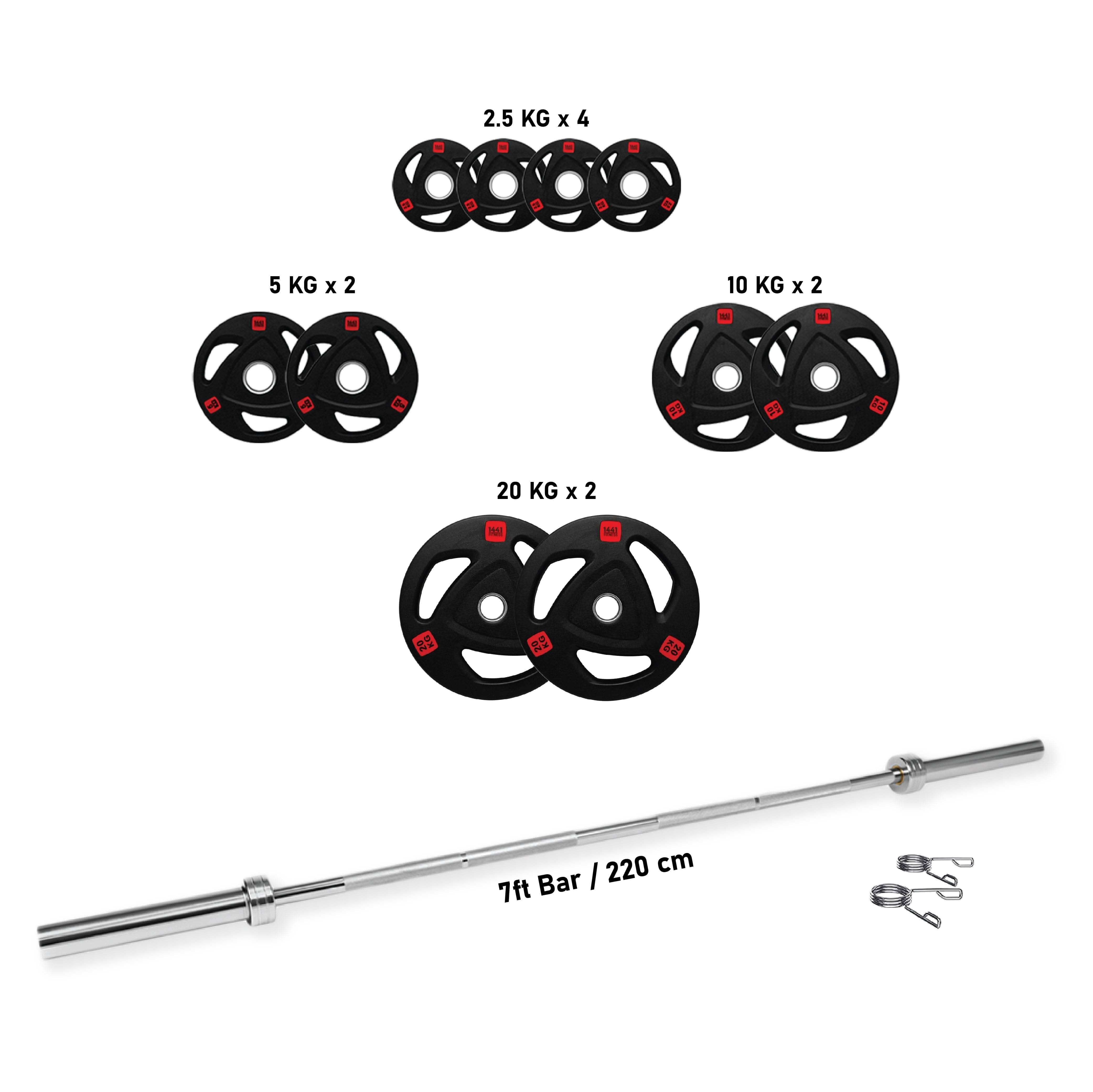 Combo 1441 Fitness 7 Ft Olympic Bar With Tri Grip Black Olympic Plates Set | 100 Kg