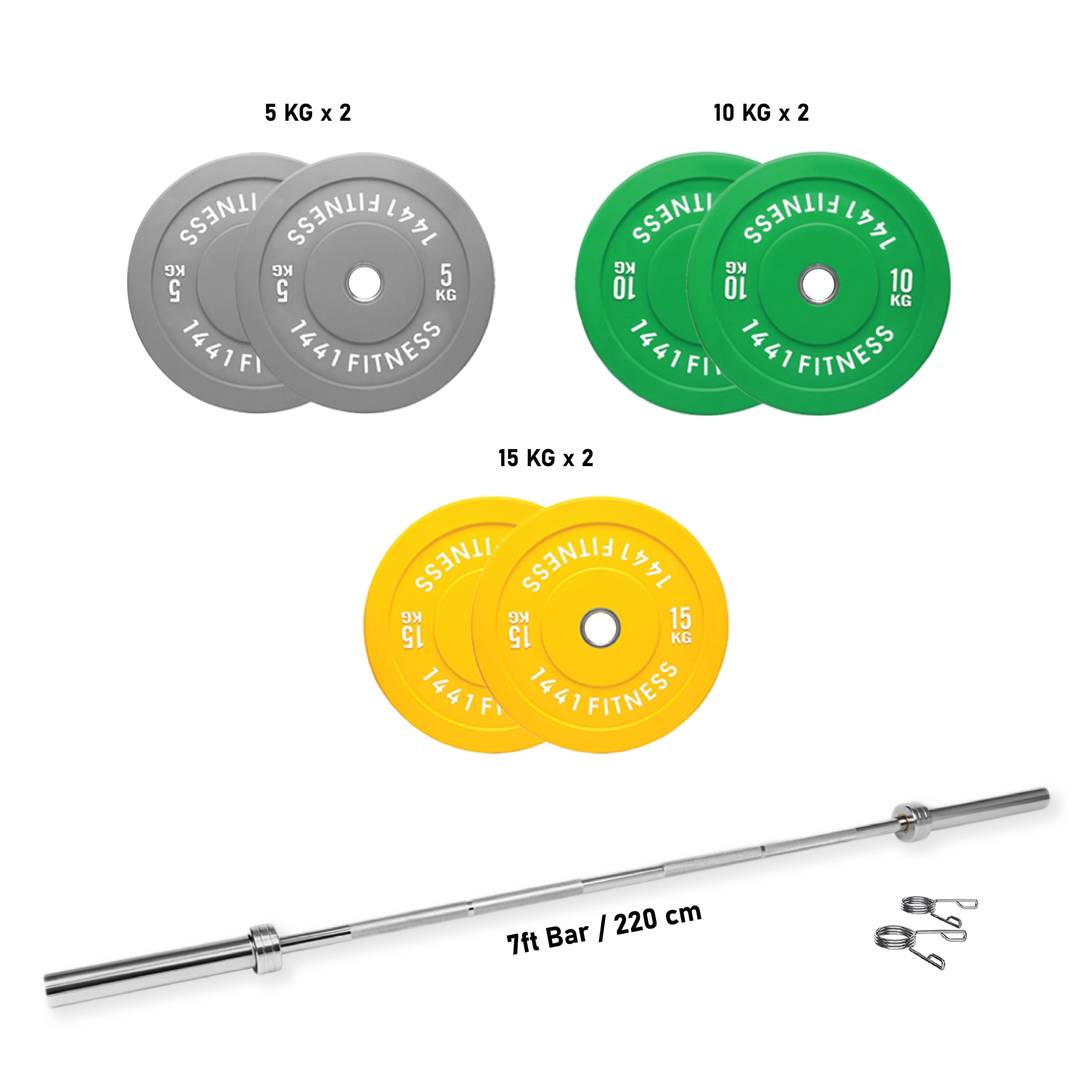 Combo 7 Ft Olympic Bar with Color Bumper Plates - 80 KG Set | 1441 Fitness