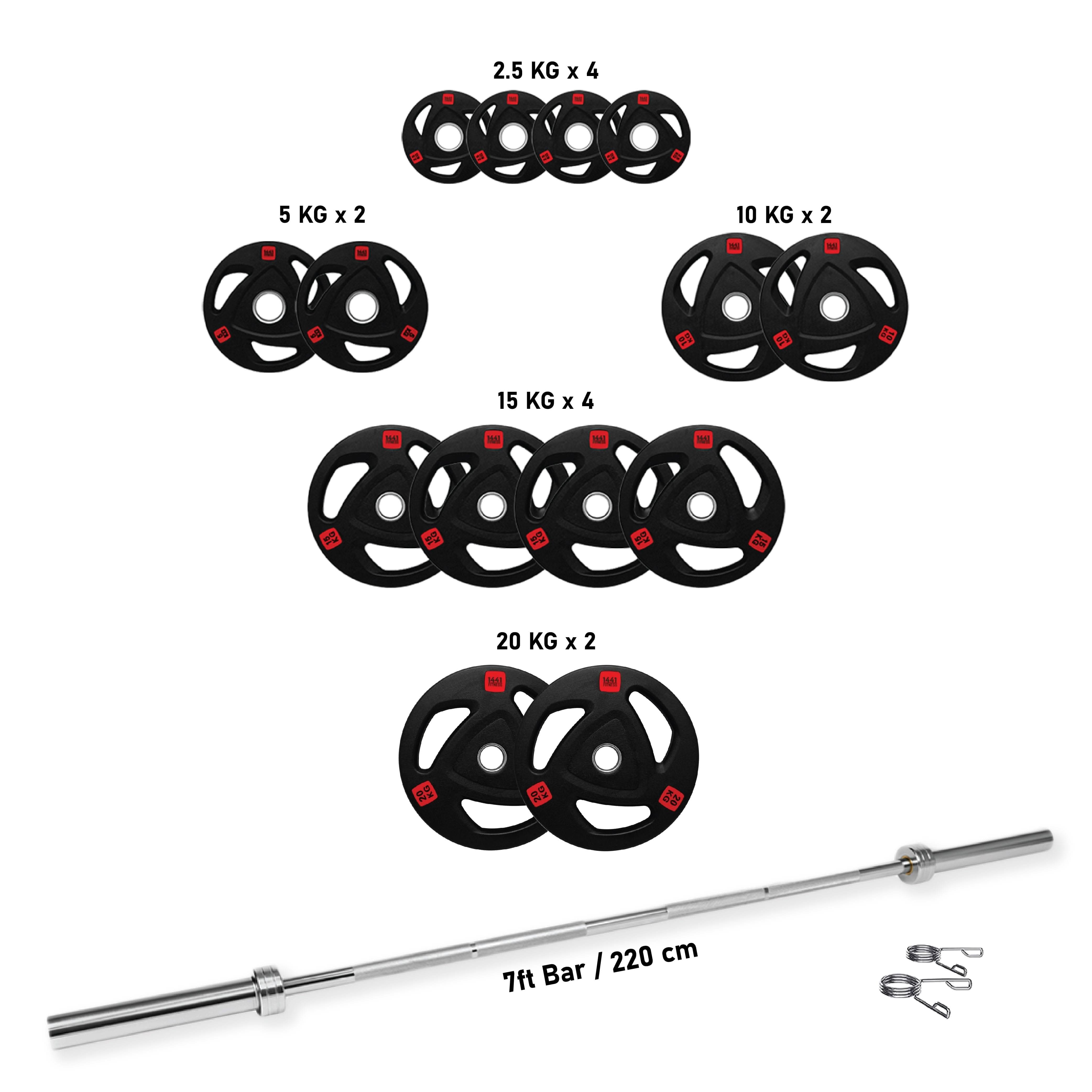 Combo 1441 Fitness 7 Ft Olympic Bar with Tri Grip Black Olympic Plates Set | 160 kg