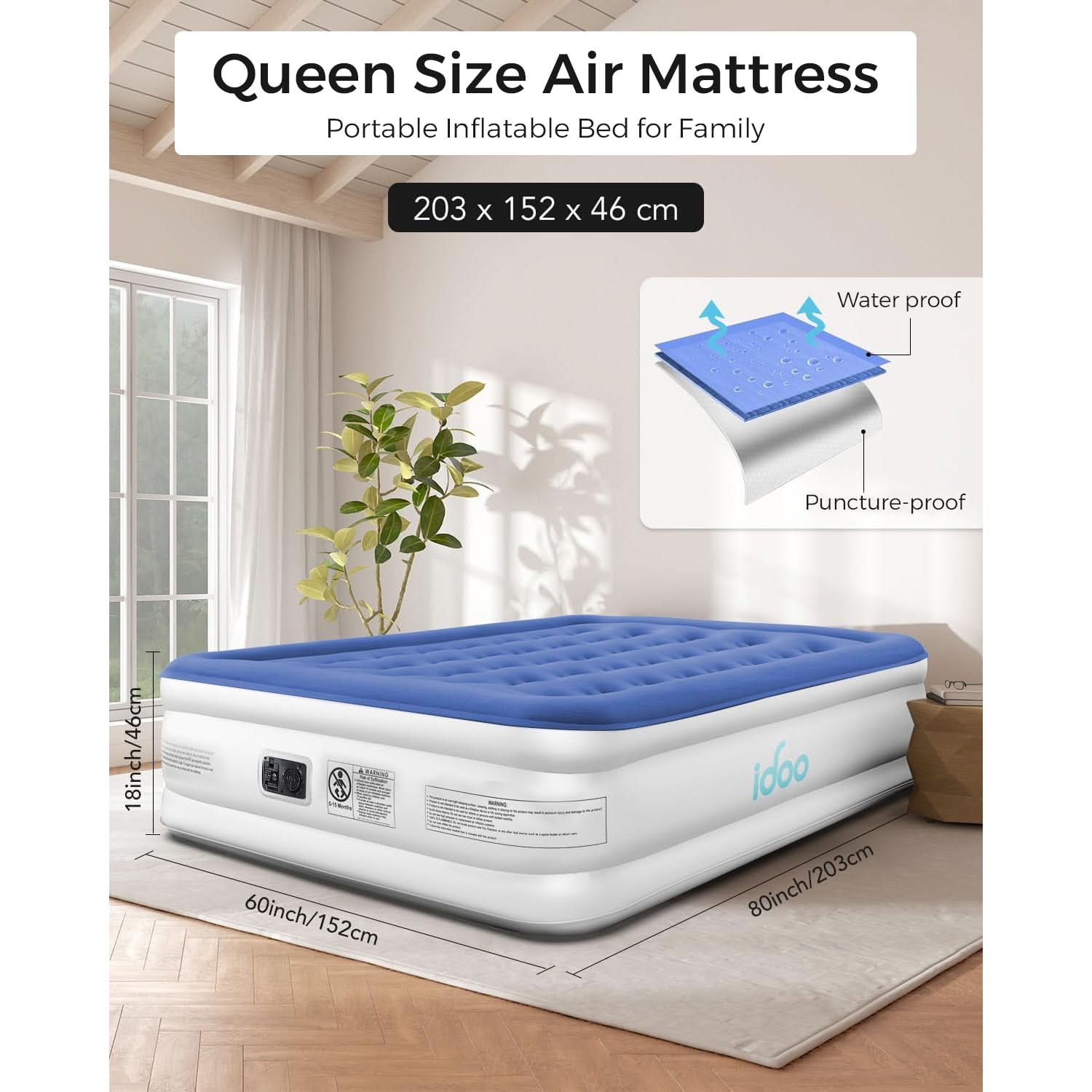 iDOO Inflatable Mattress with Inflation and Deflation Pump in Just 3 Minutes, for Home, Travel and Camping
