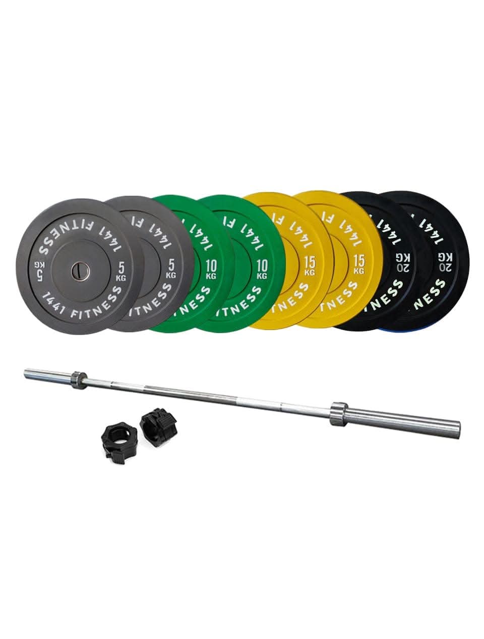 Combo 7 Ft Olympic Barbell and Color Bumper Plate Set - 120 Kg 1441 Fitness