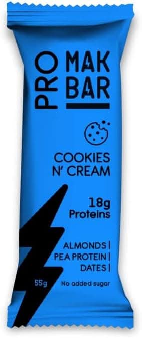 MAK BAR Pro Protein Bar - (Cookies 'N' Cream Flavour)- 12 count x 55g - 18gr protein snack, 218 Calories - Almonds, Pea Protein & Dates, No added sugar, High Fibre, Vegetarian, Post Workout Meal
