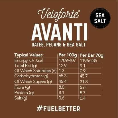 Veloforte Avanti Energy Bar - Dates, Pecans and Sea salt - 9 count x 62g - 5gr plant protein, 40gr Carbs, Sea Salt Electrolytes, Rich in Dual Carbohydrates, 100% Natural, Vegan, Gluten Free