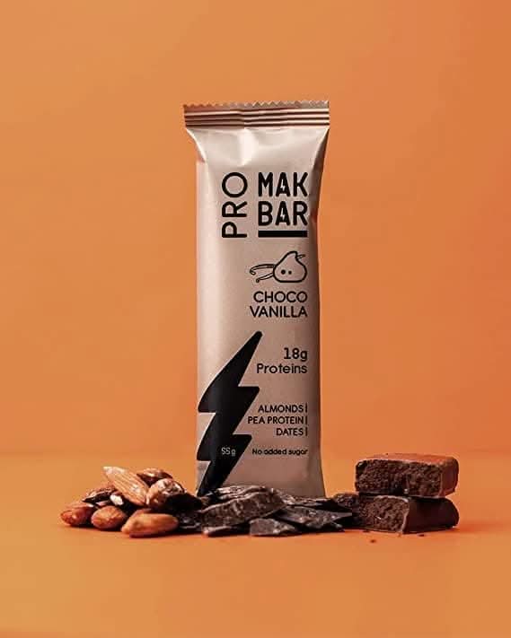 MAK BAR Pro Protein Bar - Vanilla Choco Chip Flavor - 12 count x 55g - 18gr protein snack, 218 Calories - Almonds, Pea Protein & Dates, No added sugar, High Fibre, Vegetarian, Post Workout Meal